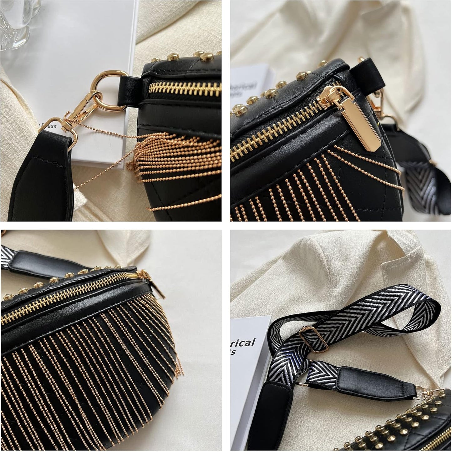 Studded Gold Fringe Fanny Crossbody Bag