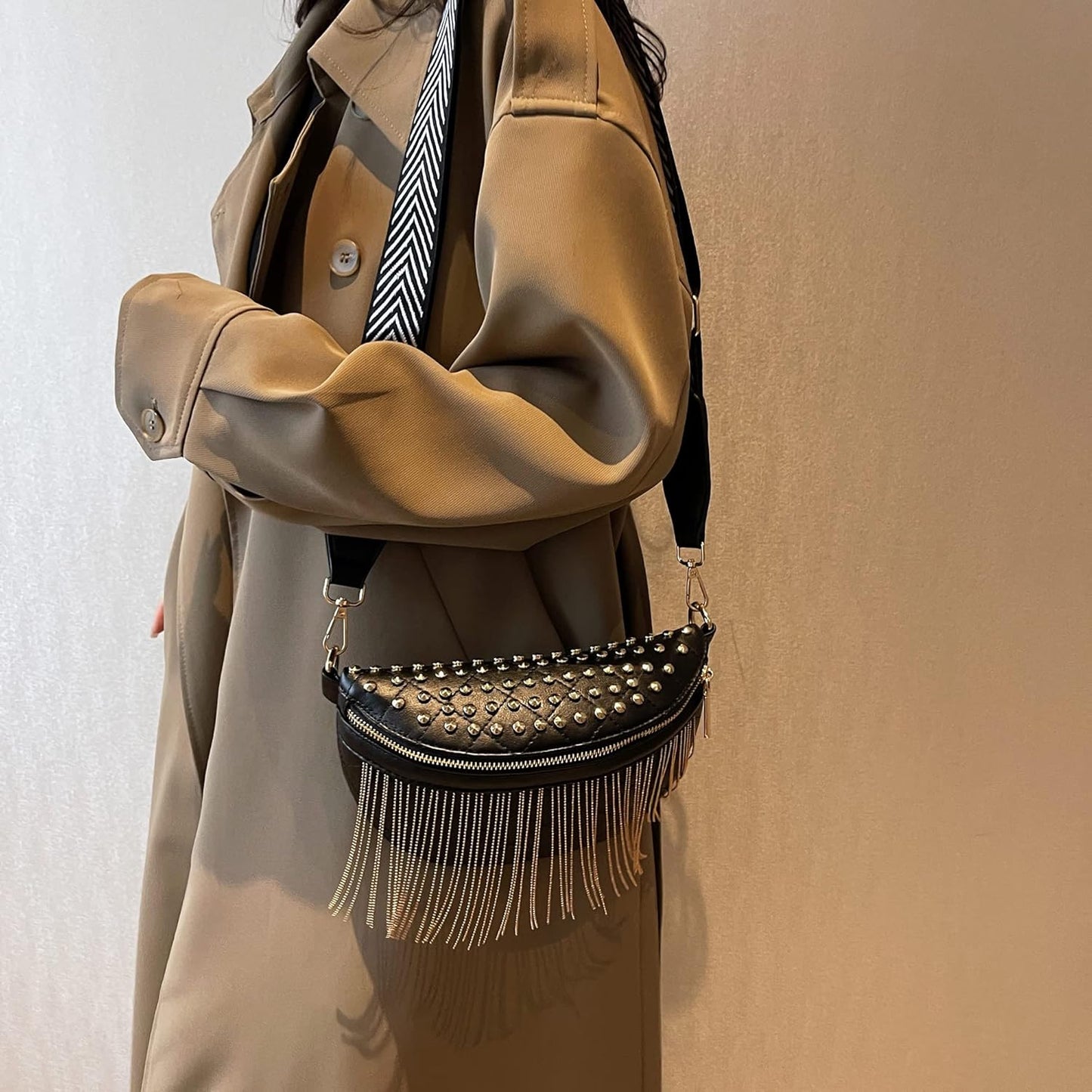 Studded Gold Fringe Fanny Crossbody Bag