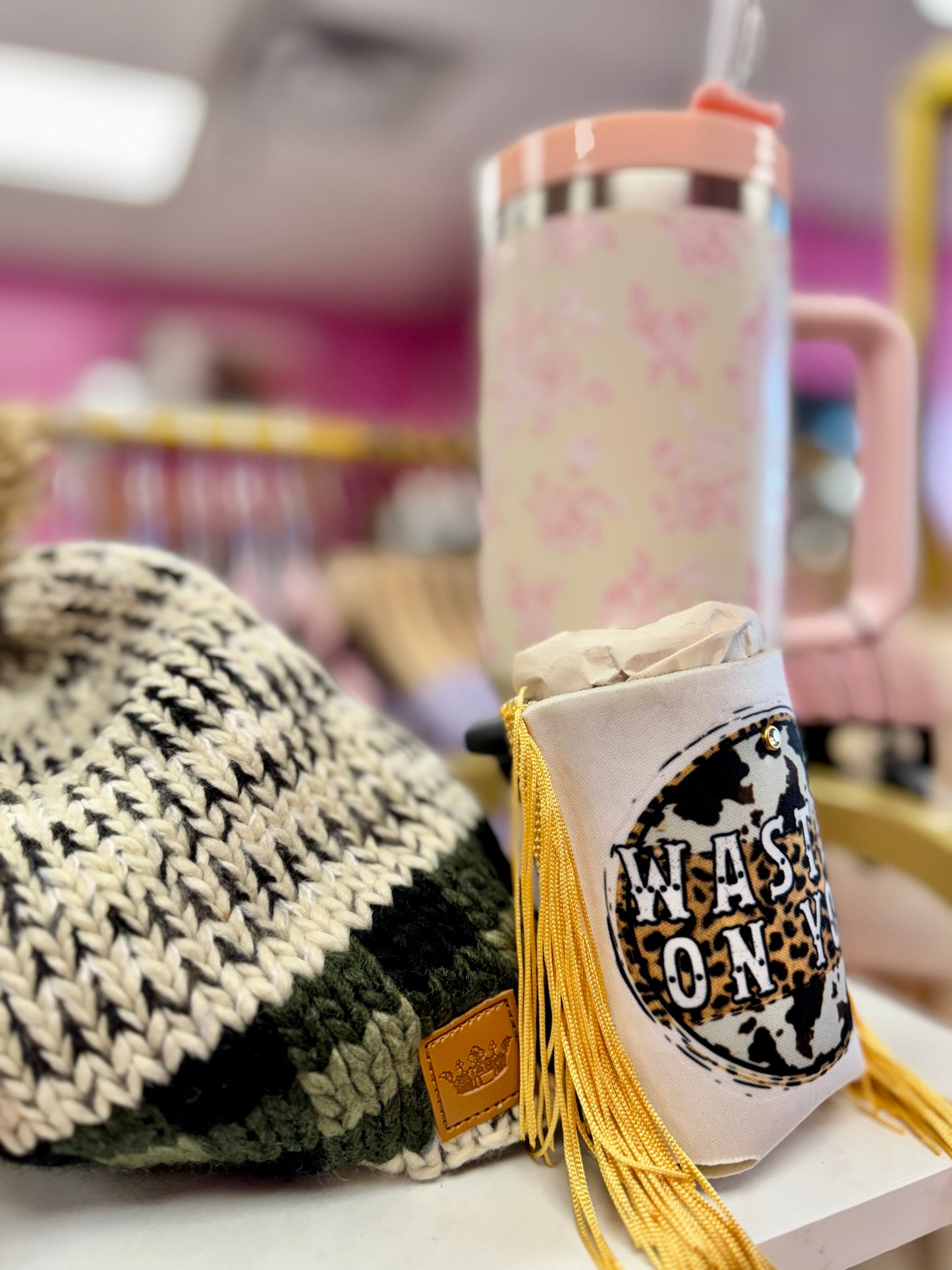 Wasted on you with gold fringe koozie
