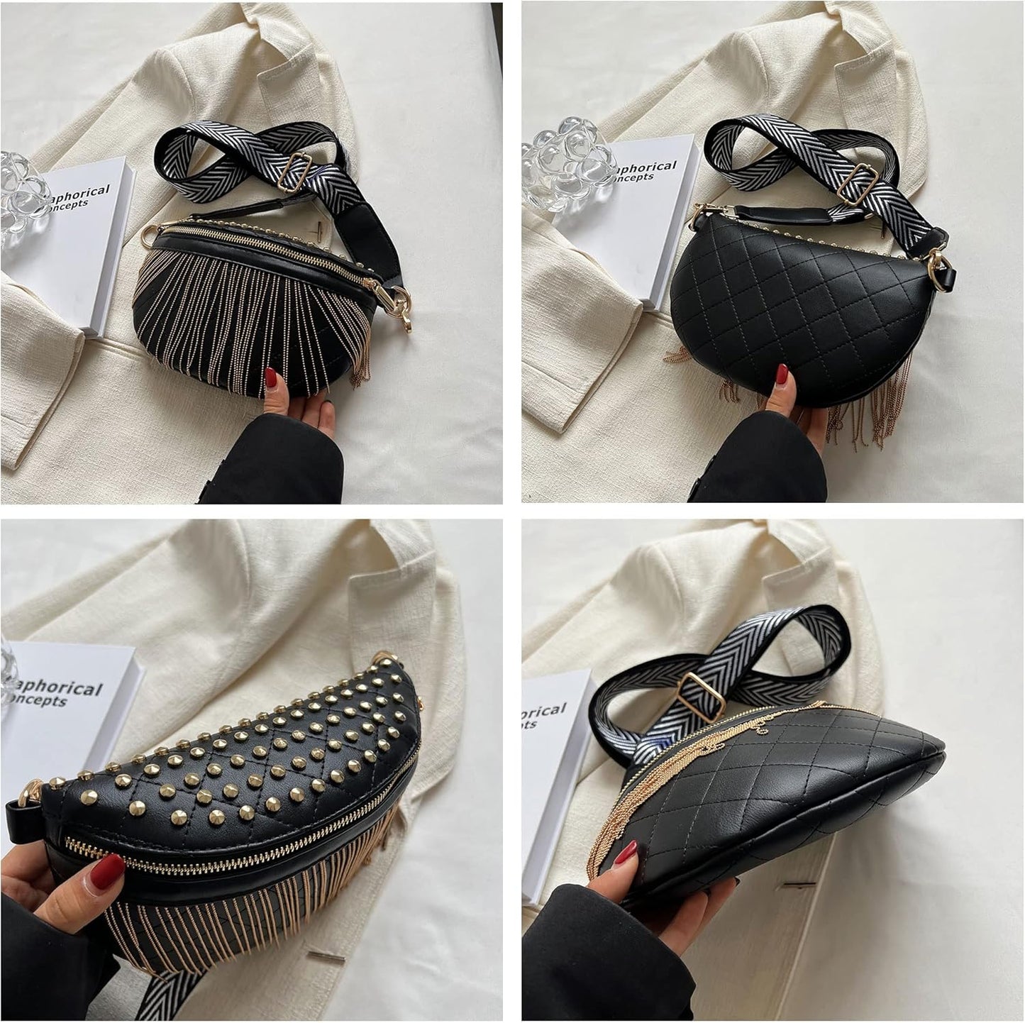 Studded Gold Fringe Fanny Crossbody Bag