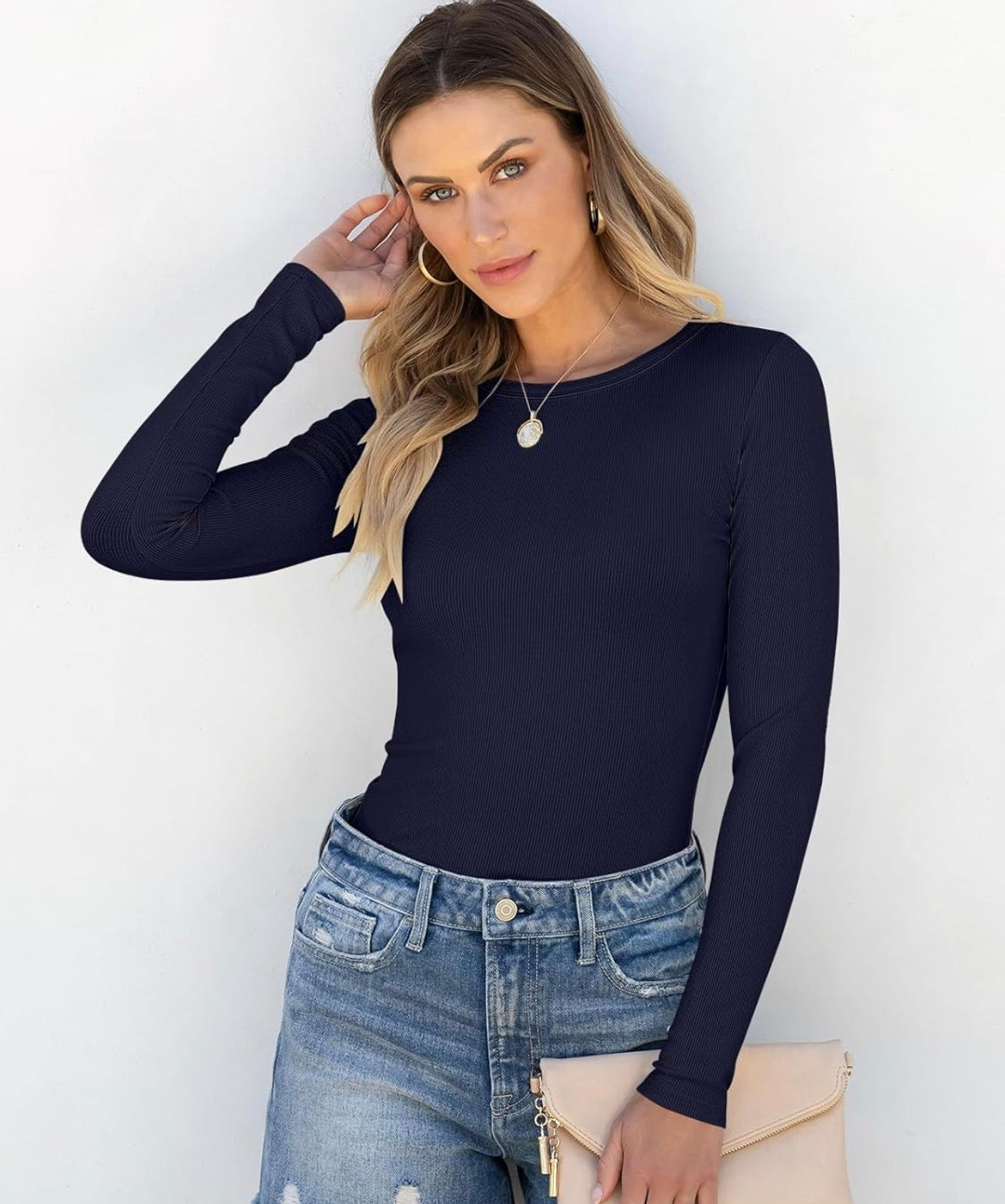 Classic Navy Ribbed Long Sleeve Top