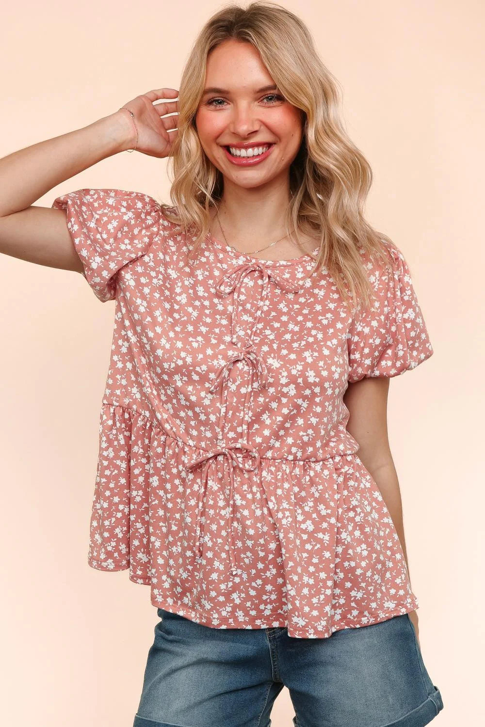 PLUS MAUVE BABYDOLL FLORAL TOP