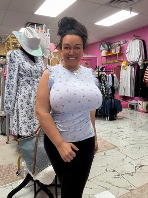 Blue Floral Ribbed Flutter Sleeve Top