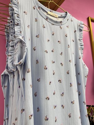Blue Floral Ribbed Flutter Sleeve Top