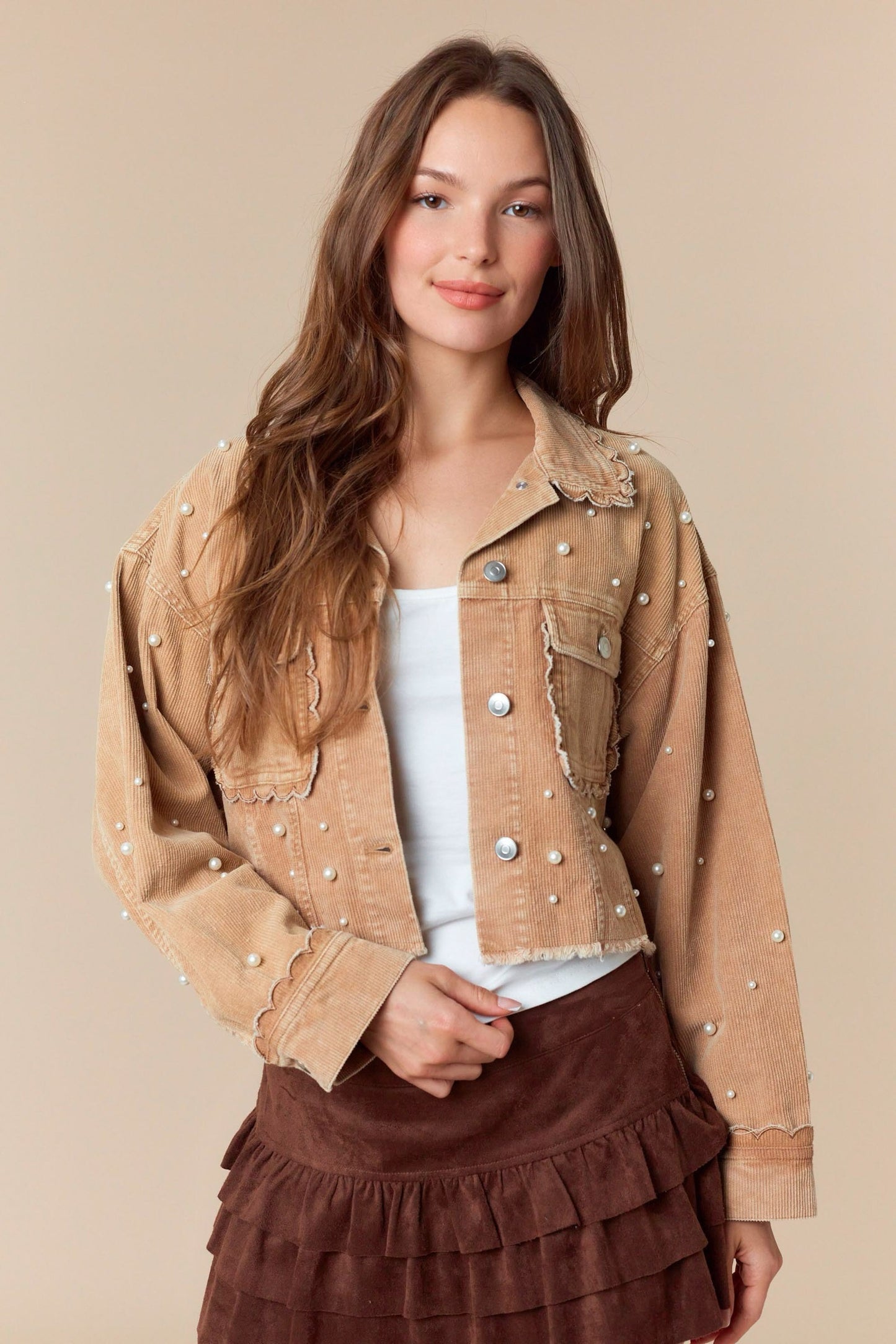 Pearl Embroidery Washed Corduroy Jacket