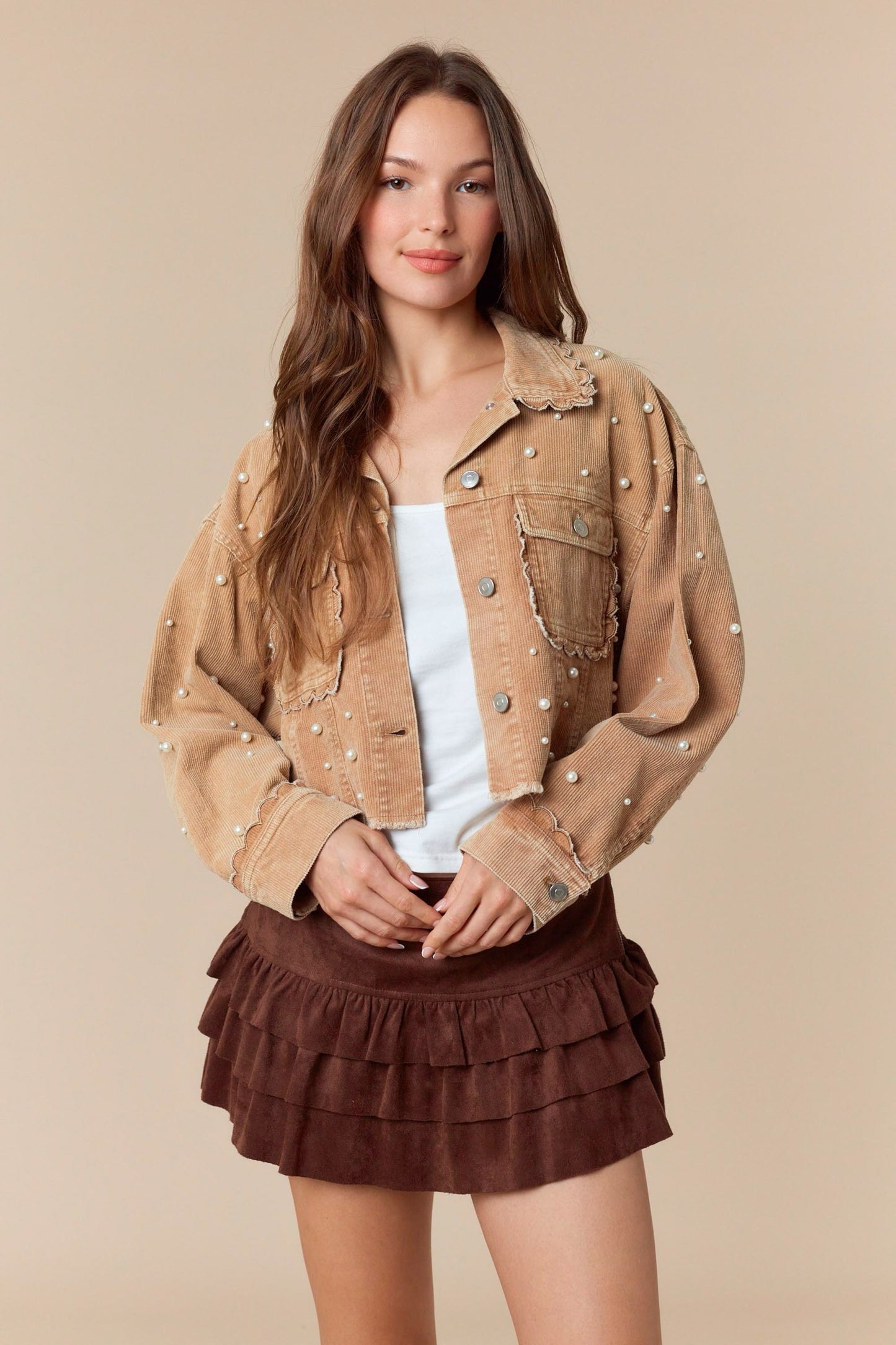 Pearl Embroidery Washed Corduroy Jacket