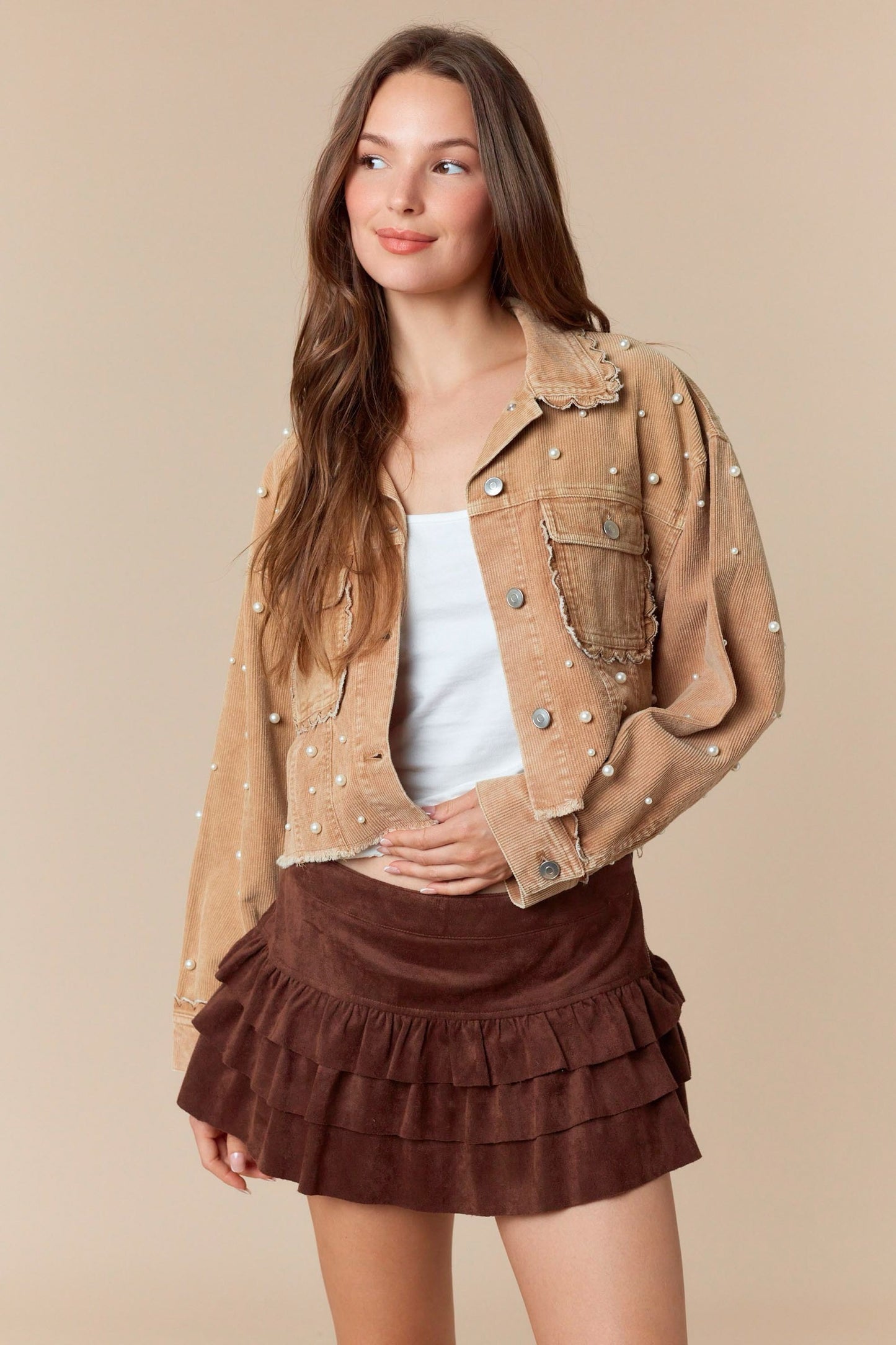 Pearl Embroidery Washed Corduroy Jacket