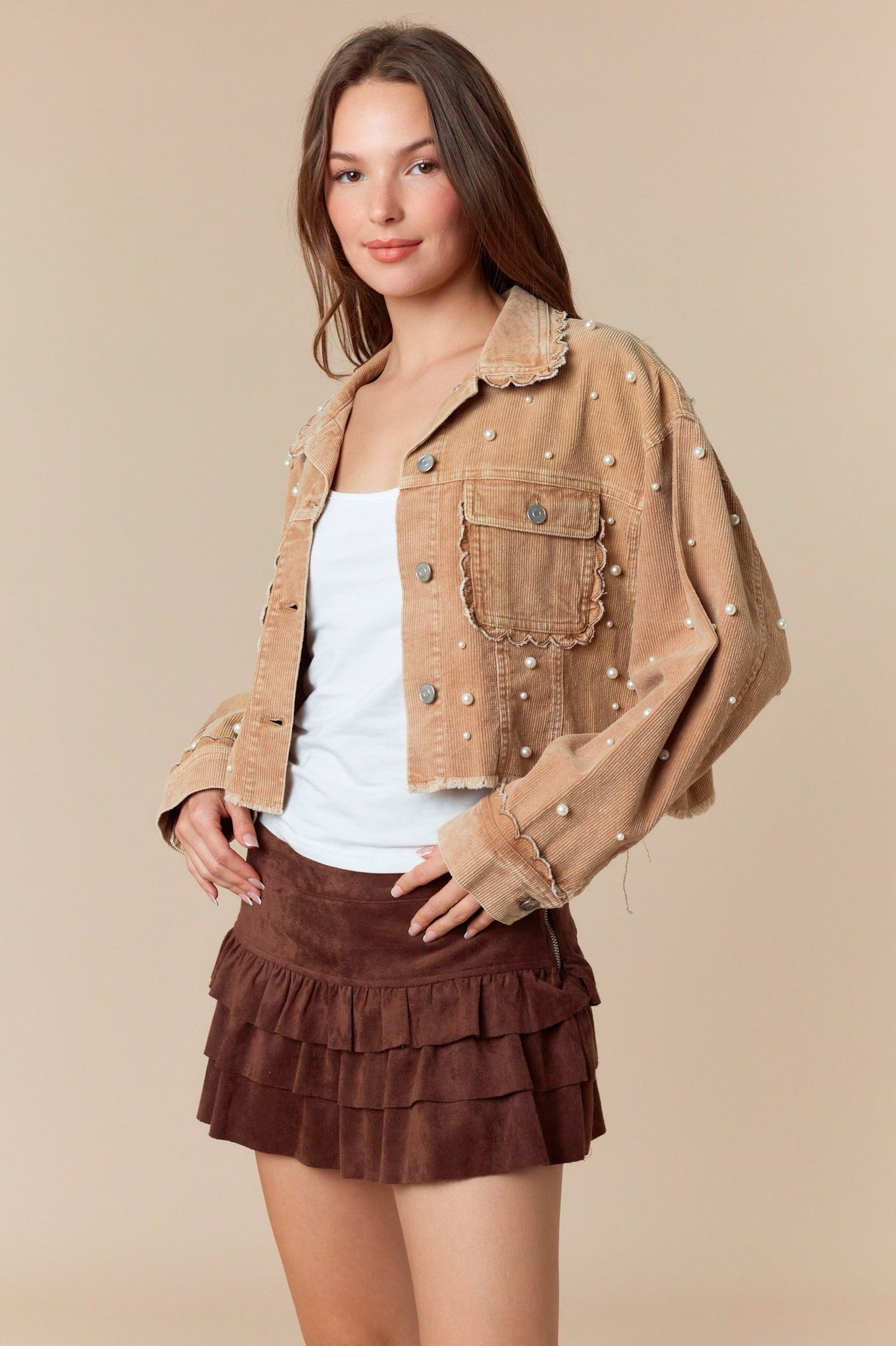 Pearl Embroidery Washed Corduroy Jacket