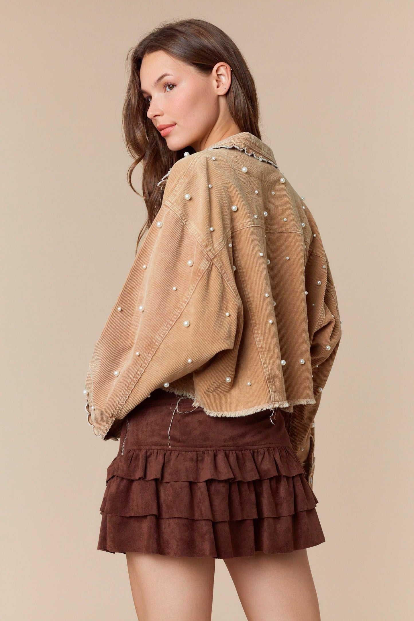 Pearl Embroidery Washed Corduroy Jacket