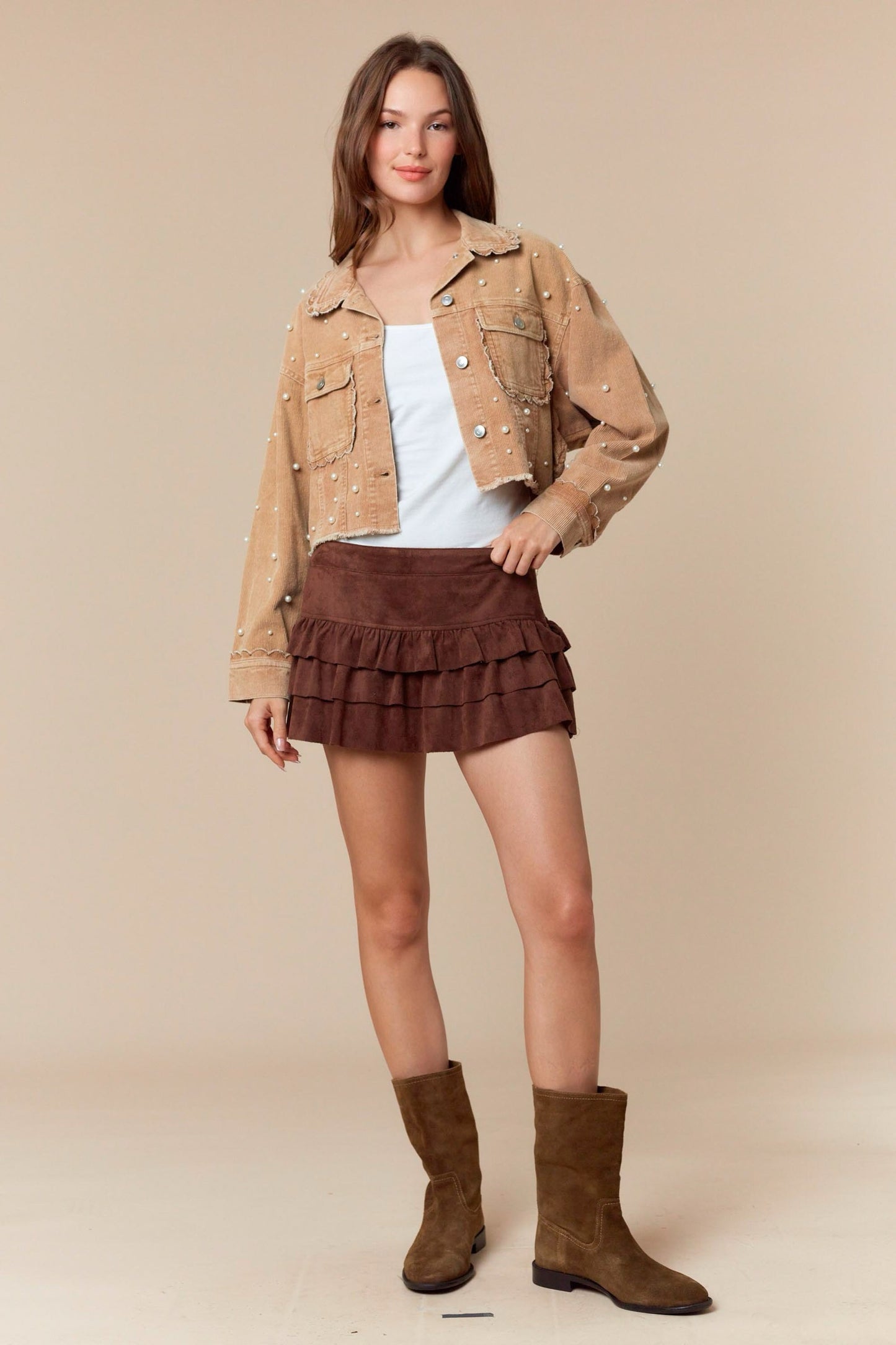 Pearl Embroidery Washed Corduroy Jacket