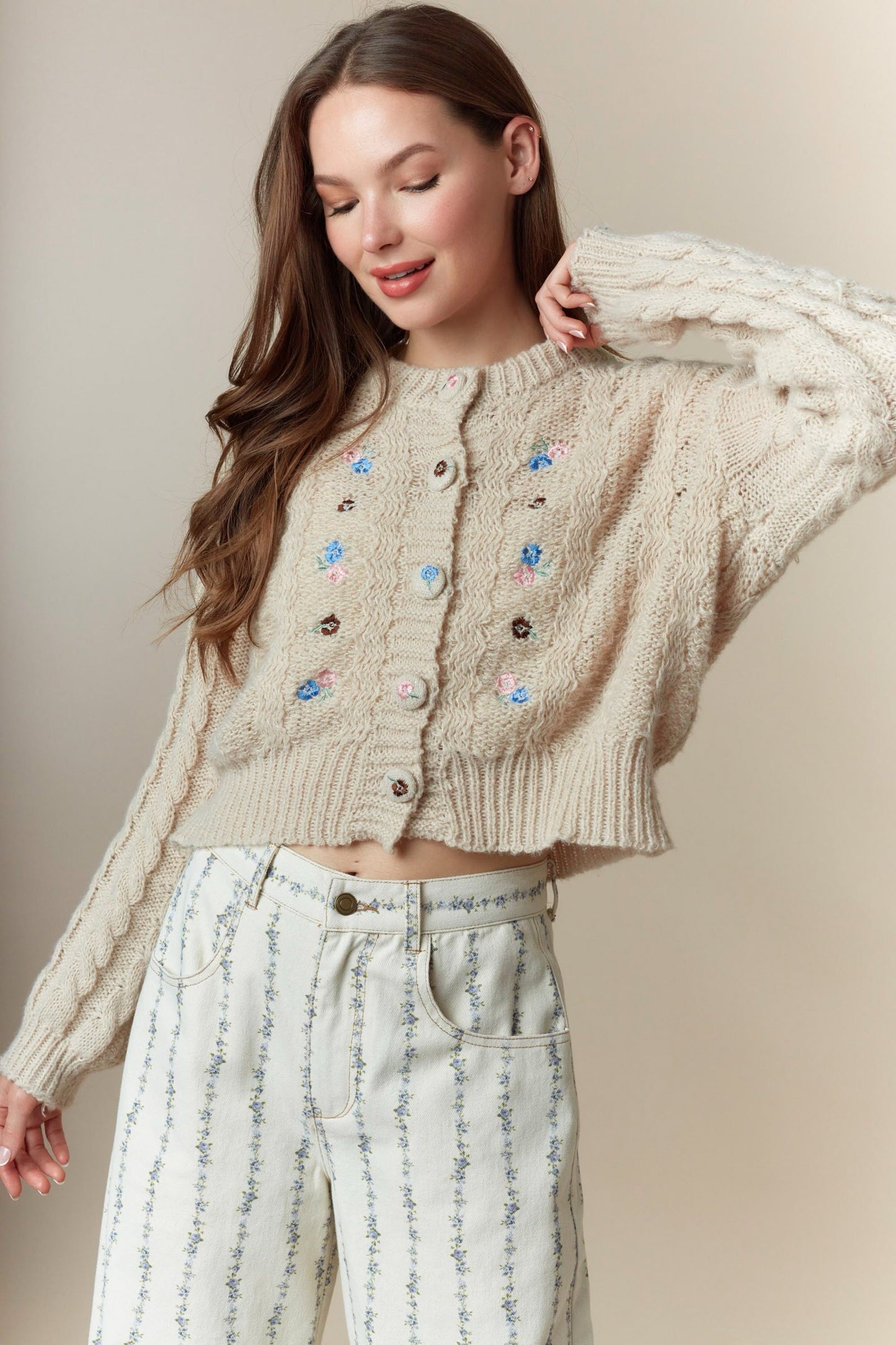 Flower Embroidery Detail Button Down Cardigan