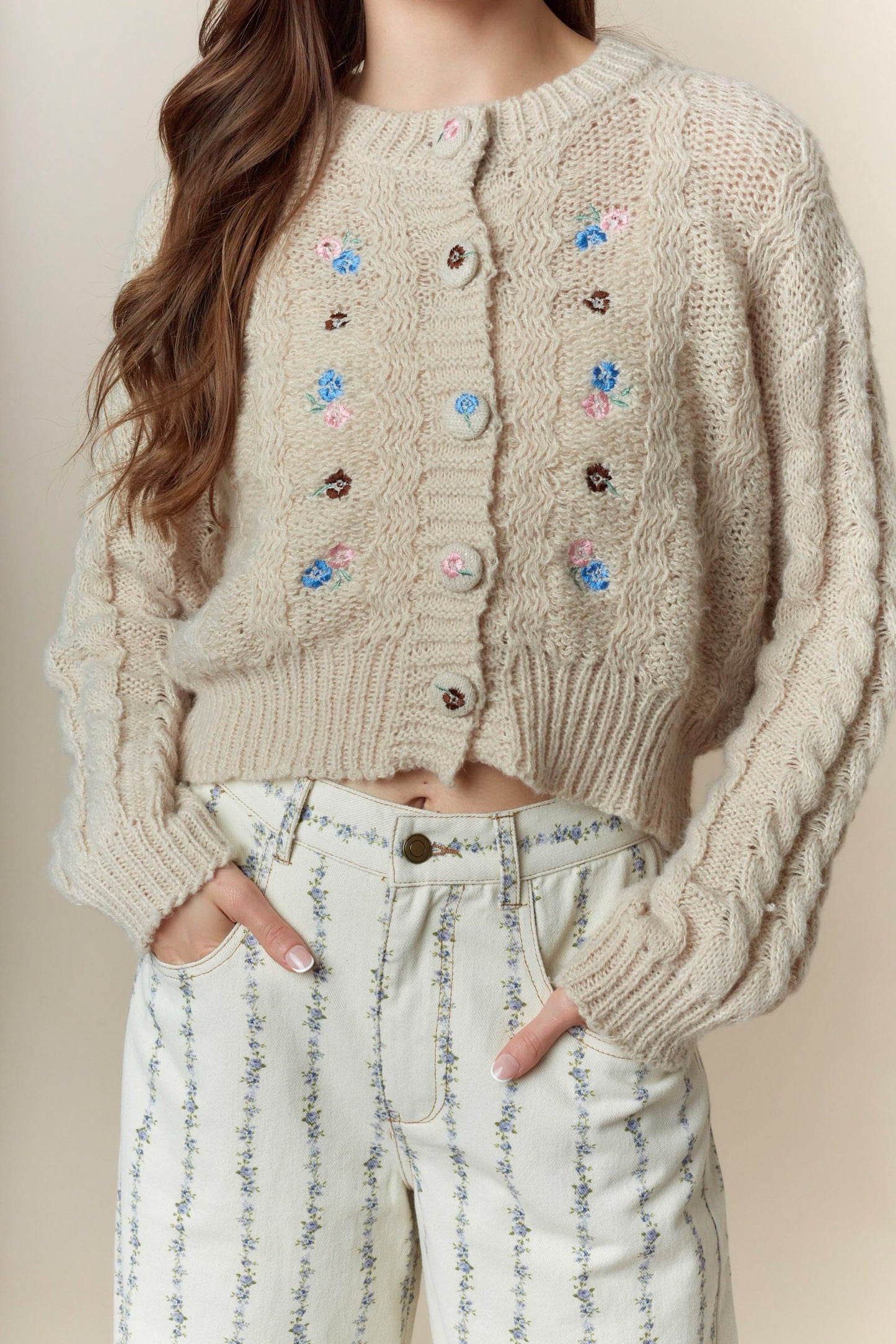 Flower Embroidery Detail Button Down Cardigan