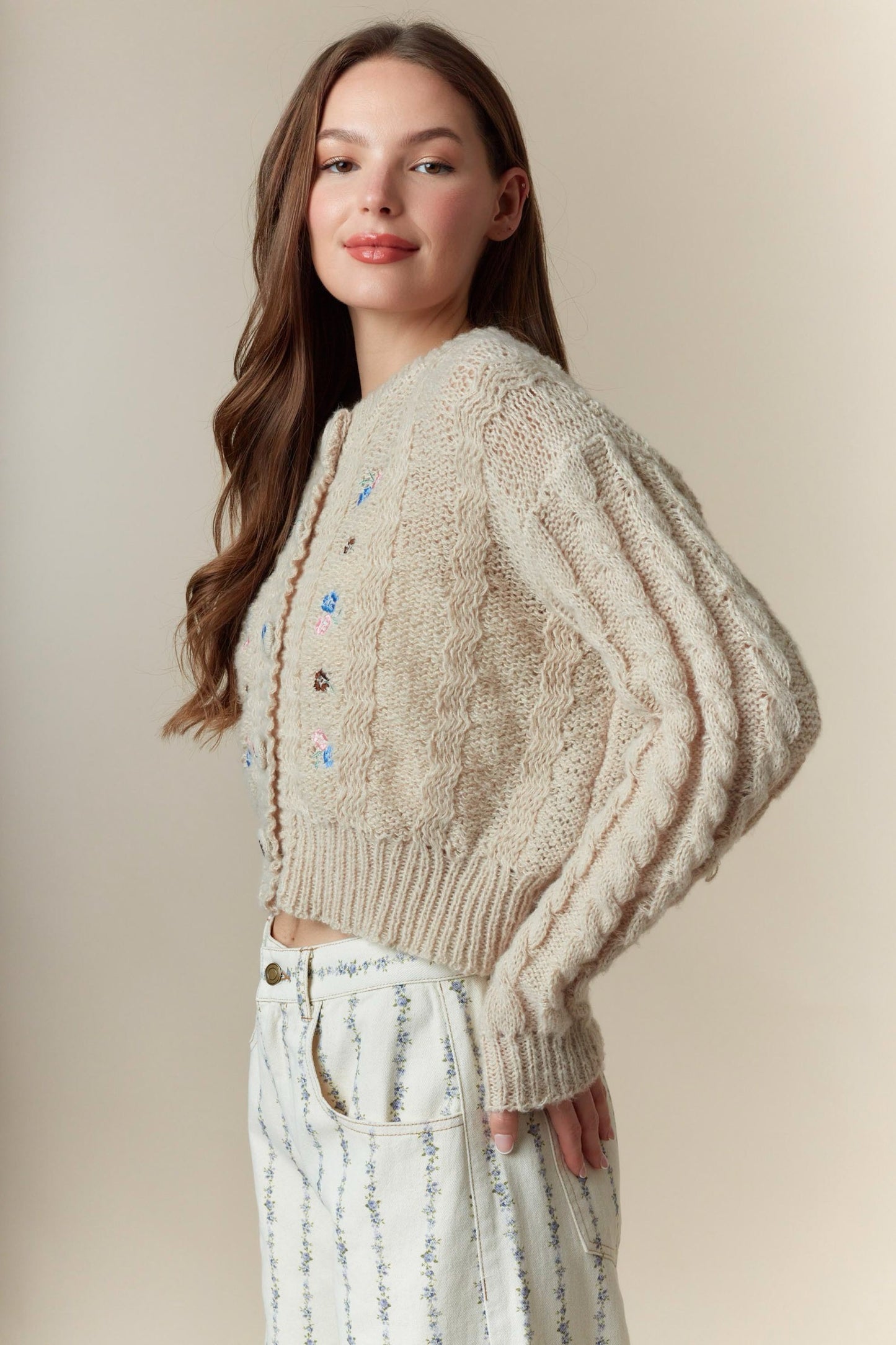 Flower Embroidery Detail Button Down Cardigan