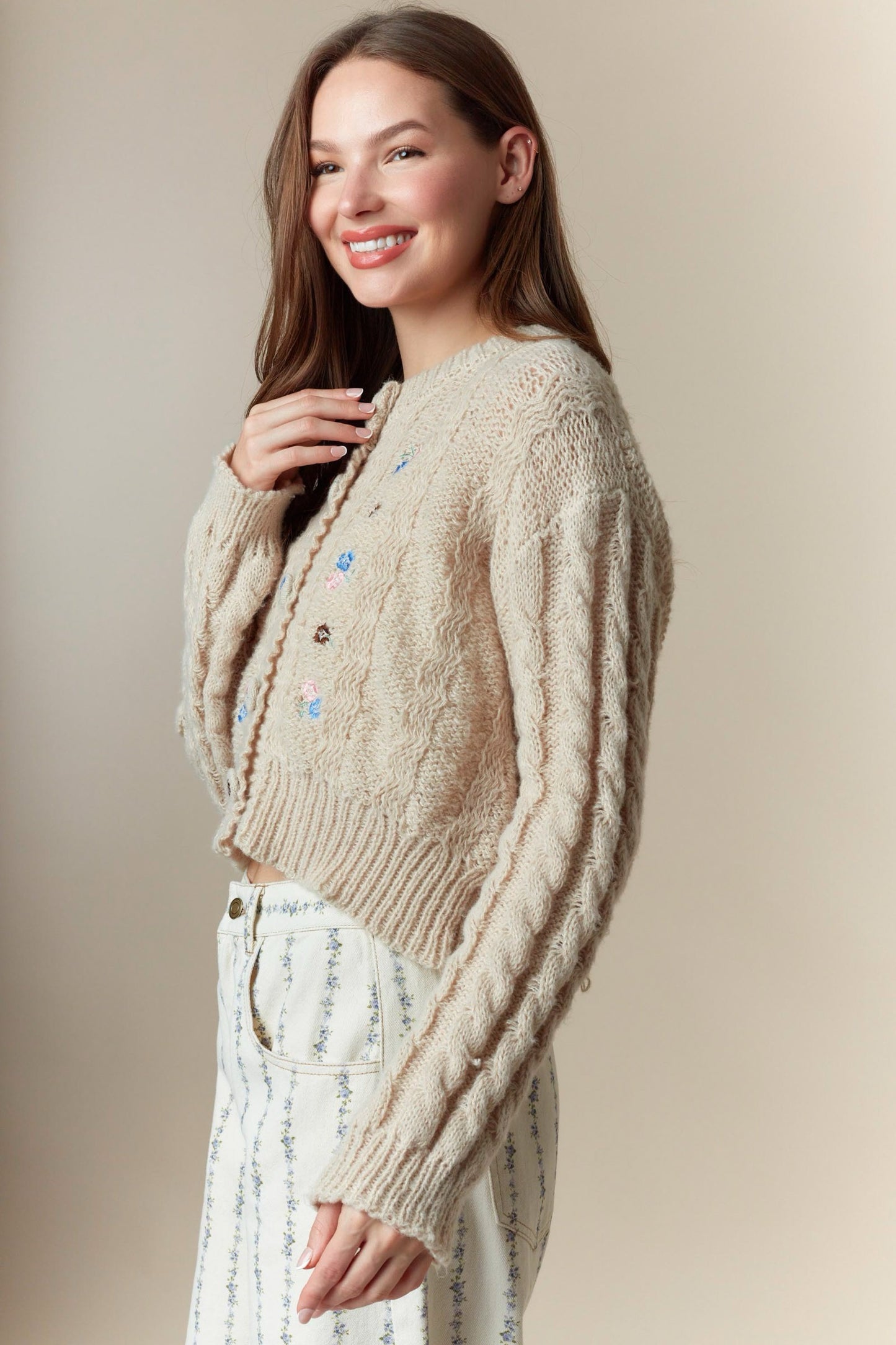 Flower Embroidery Detail Button Down Cardigan