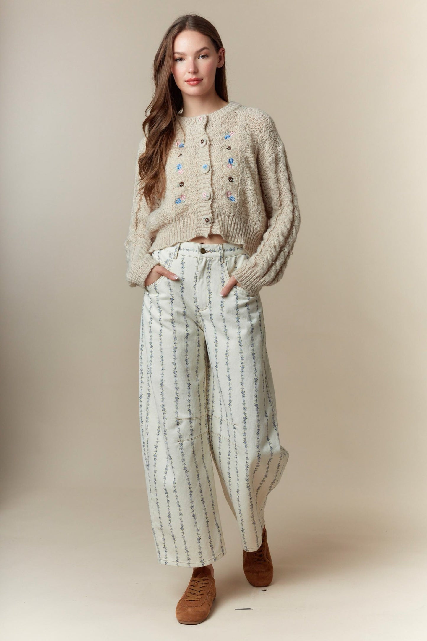 Flower Embroidery Detail Button Down Cardigan