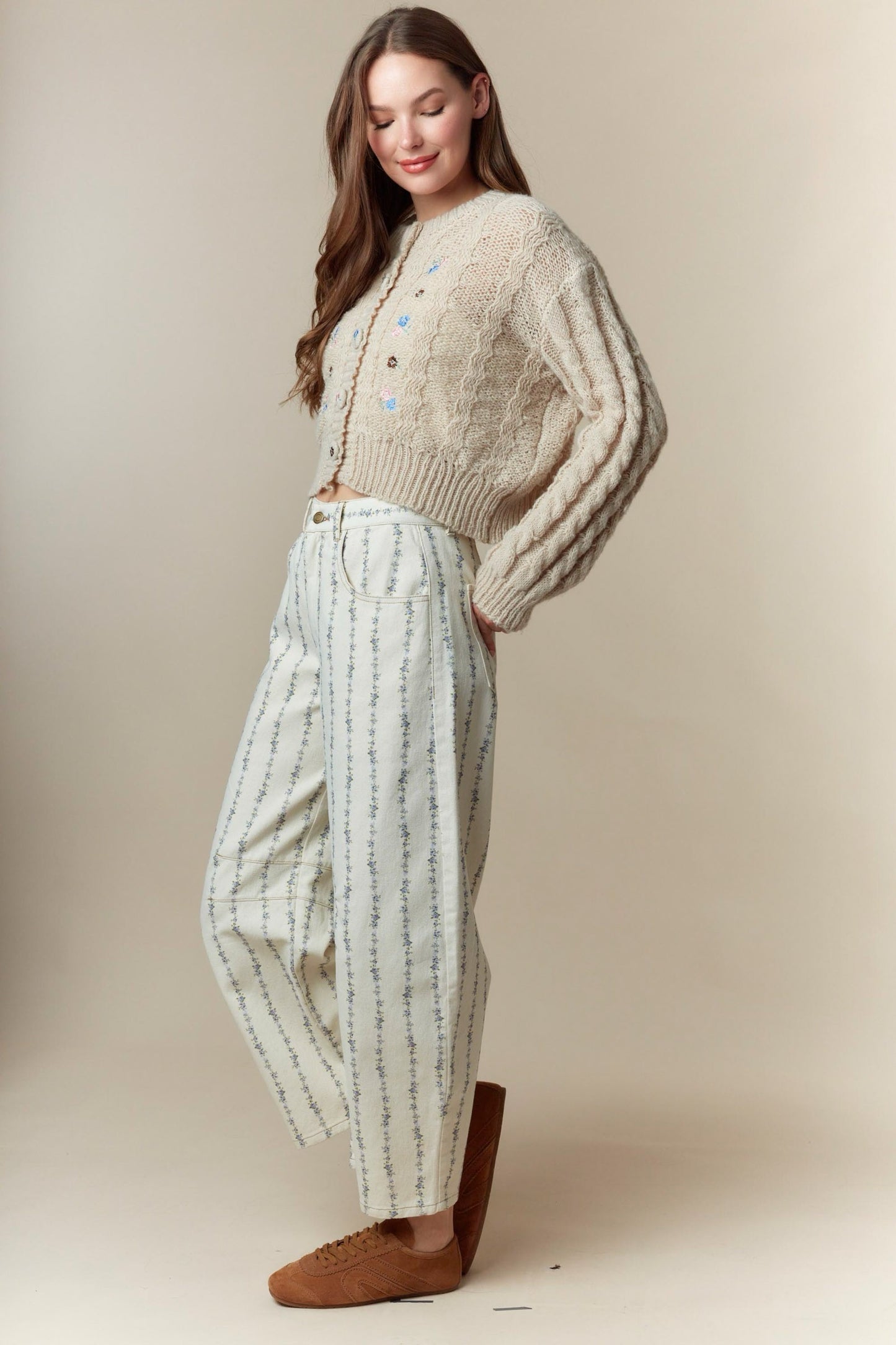 Flower Embroidery Detail Button Down Cardigan