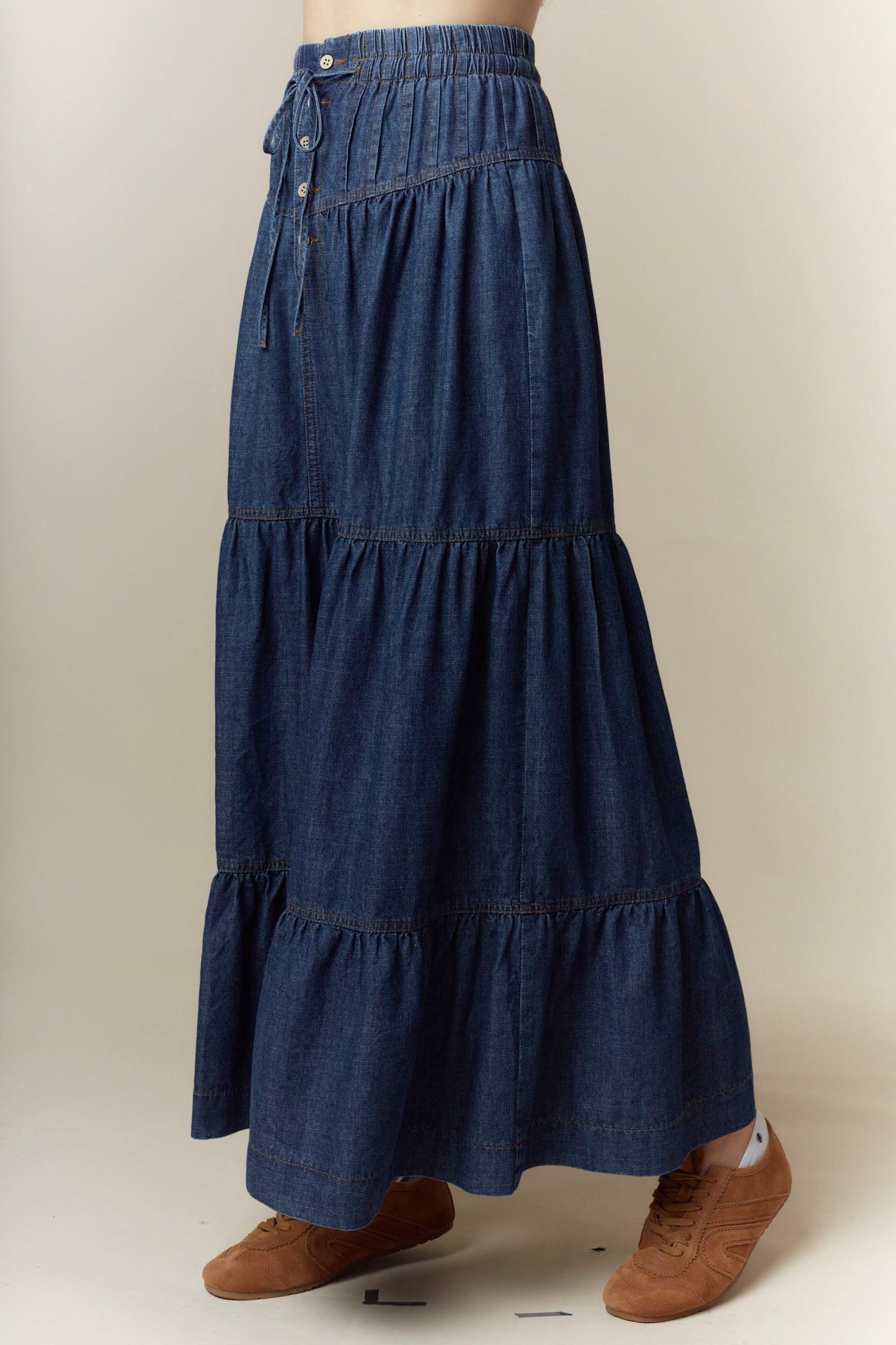 Washed Denim Pleats Detail Long Skirt