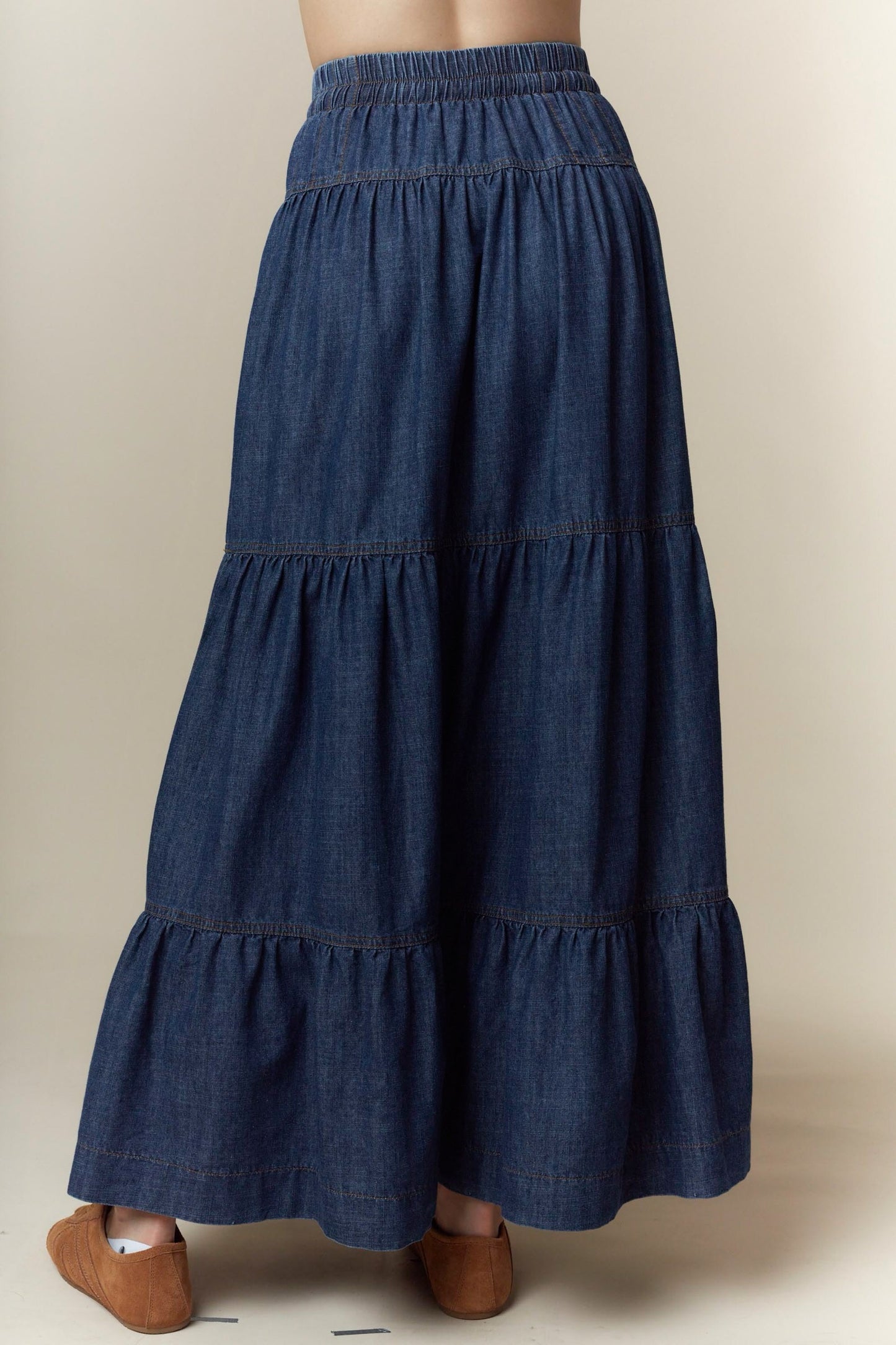 Washed Denim Pleats Detail Long Skirt