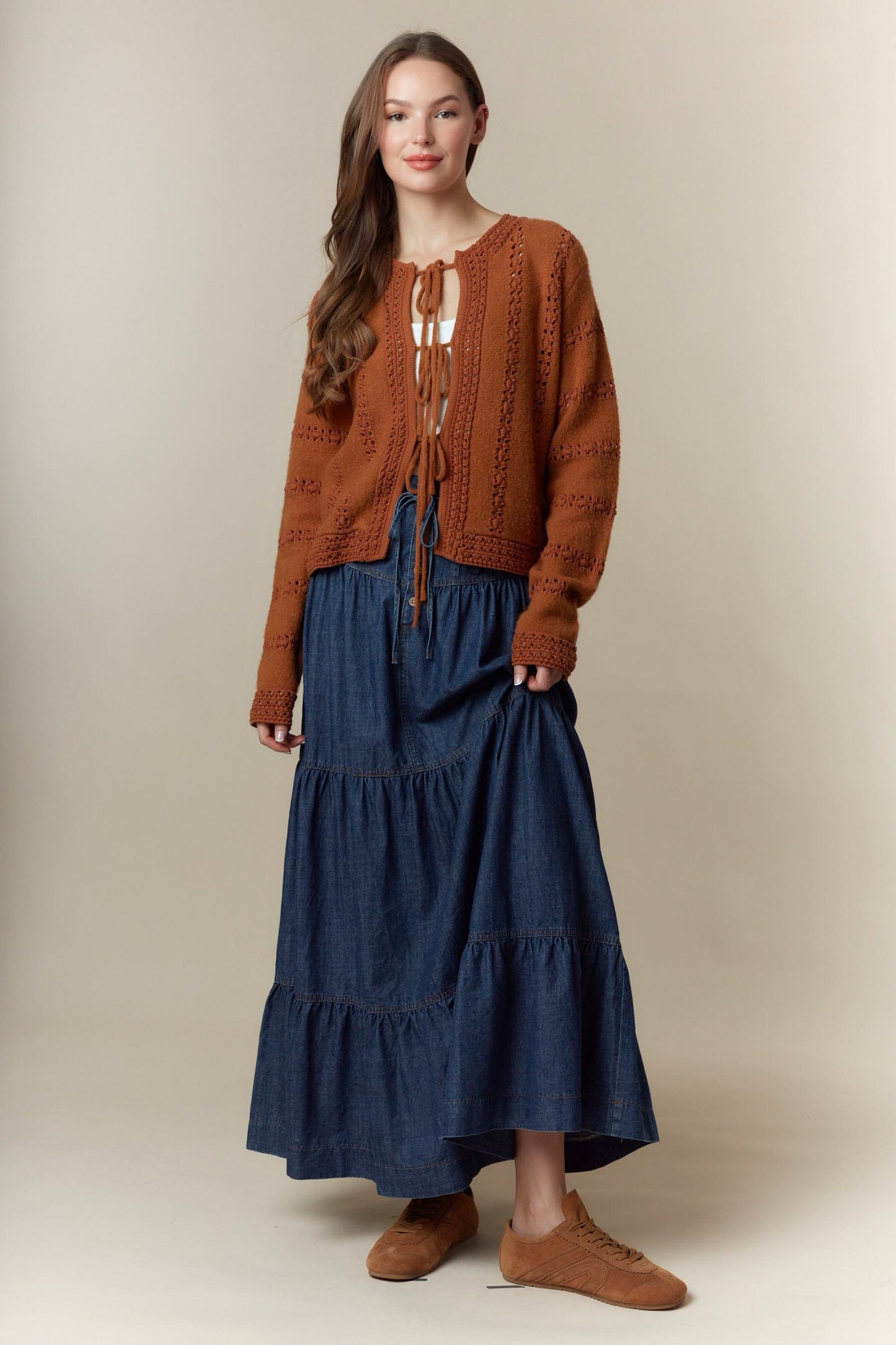 Washed Denim Pleats Detail Long Skirt