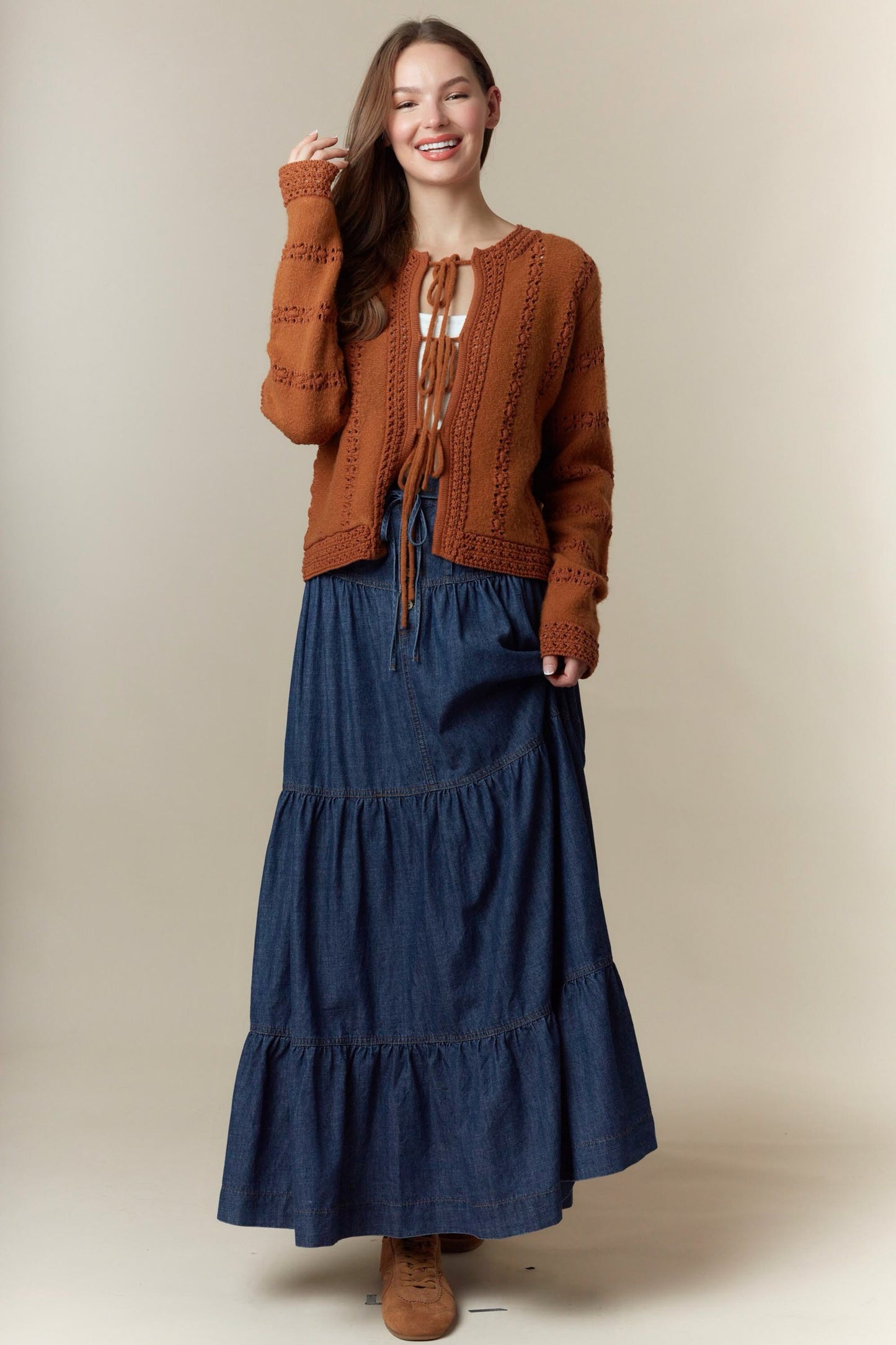Washed Denim Pleats Detail Long Skirt