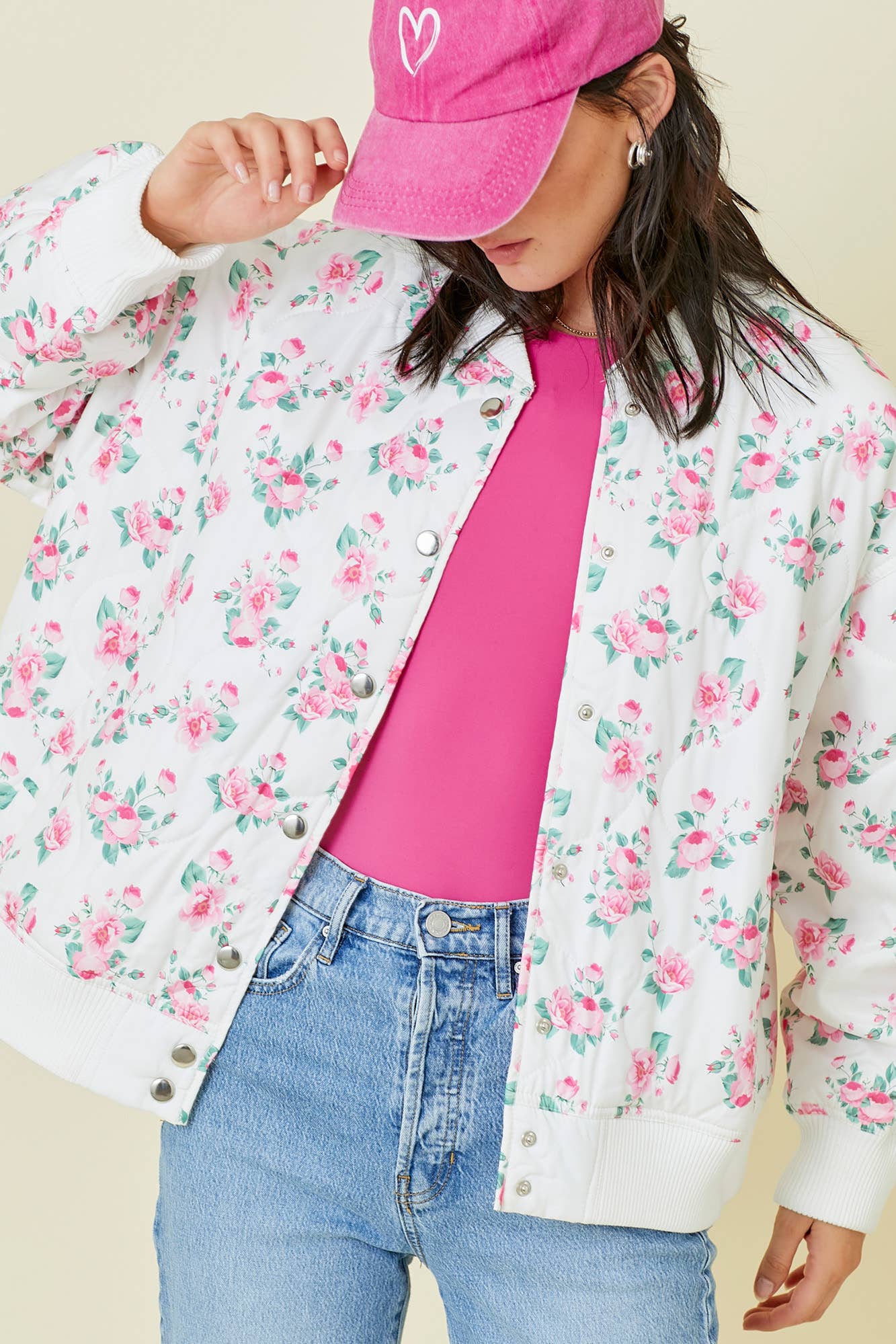 Floral Printed Oversized Quilted Bomber Jacket