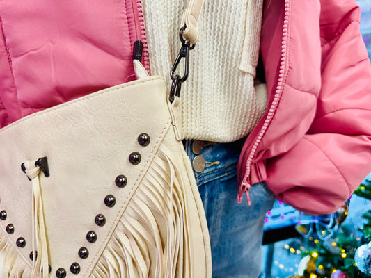 White Leather Hobo Fringe Crossbody Tassel Purse