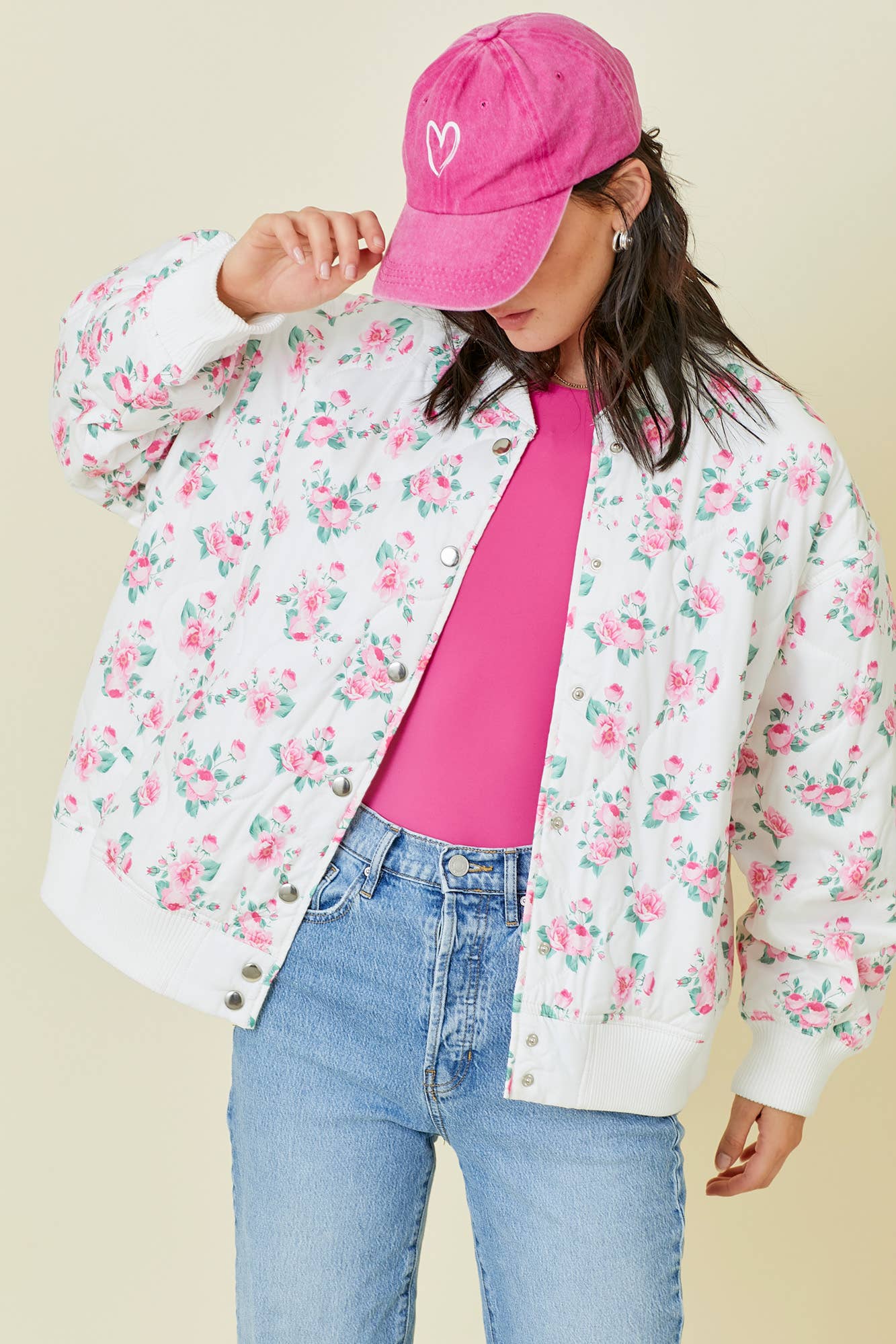 Floral Printed Oversized Quilted Bomber Jacket