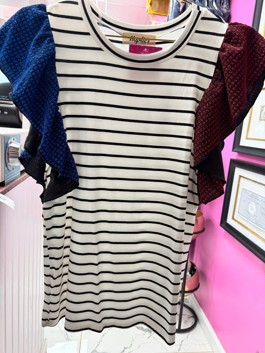 Glam It Up Red & Blue Glitter Flutter Sleeve Striped Patriotic Top