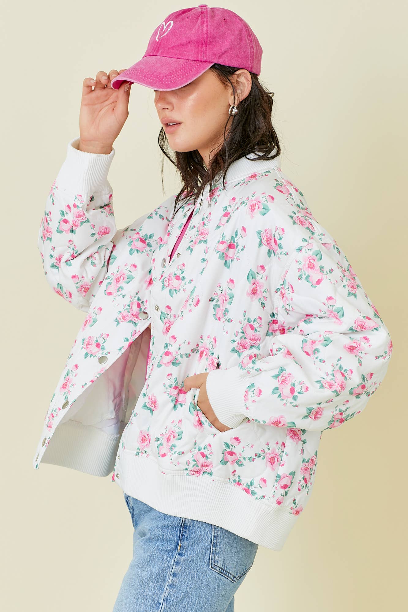 Floral Printed Oversized Quilted Bomber Jacket