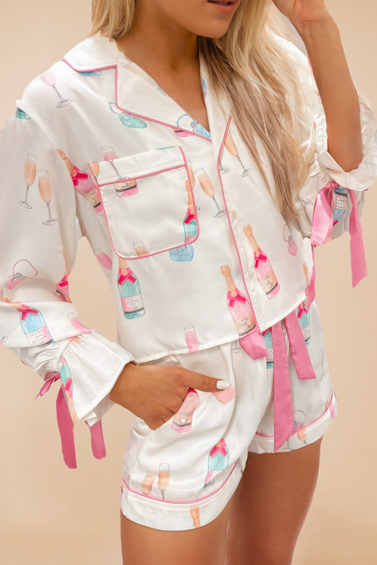 Wine Glass Print Bow Knot Two Piece Pajama Set