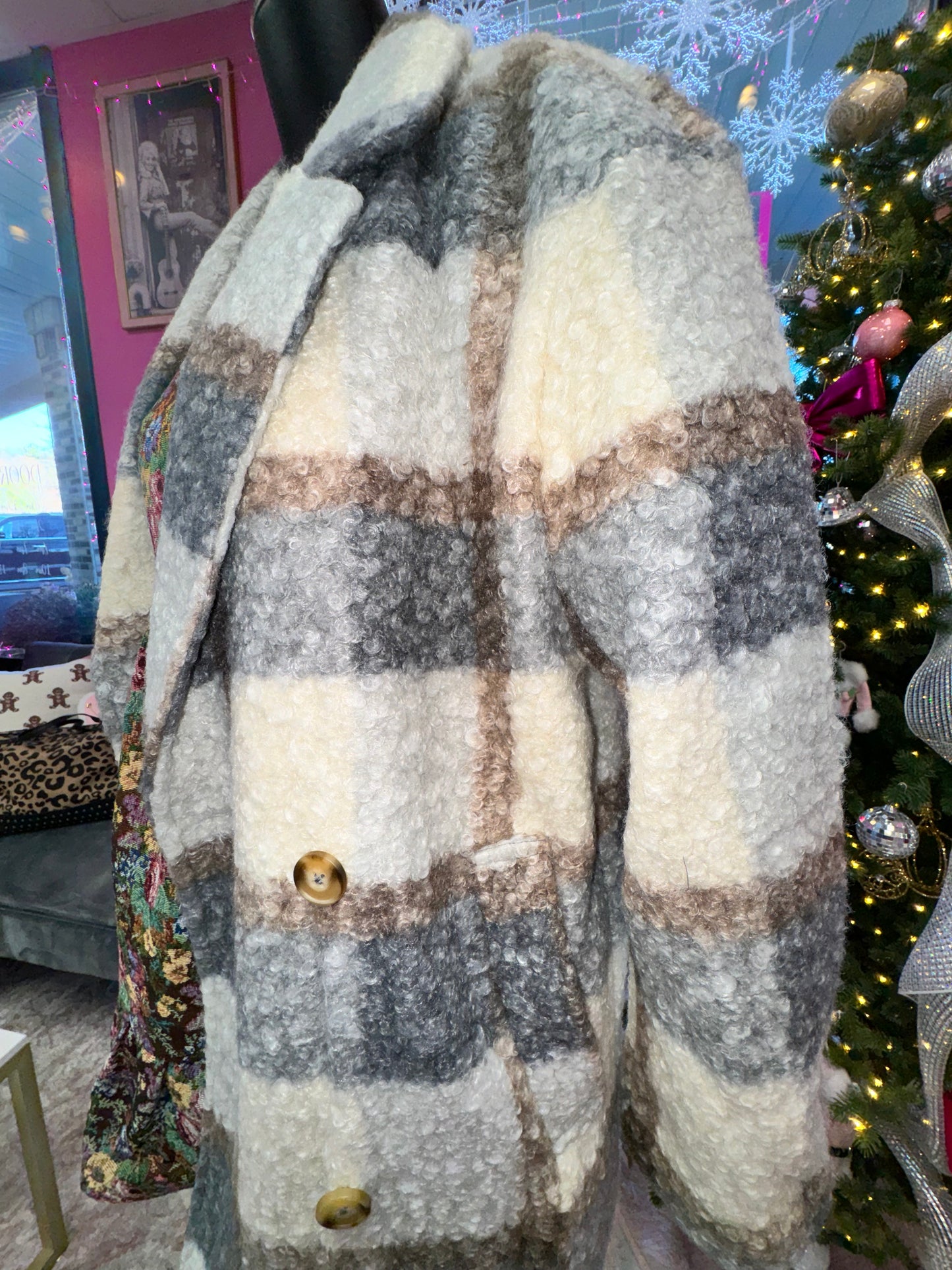 Oversized Plaid Fuzzy Long Coat