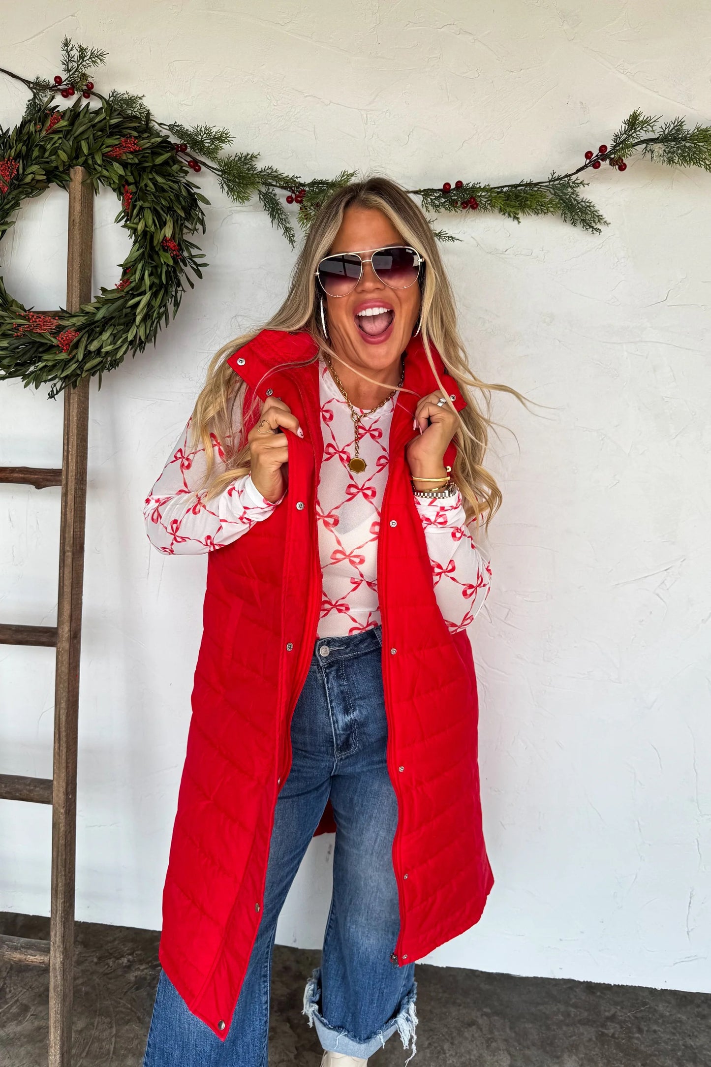 Candy Cane Bow Mesh Long Sleeve Top