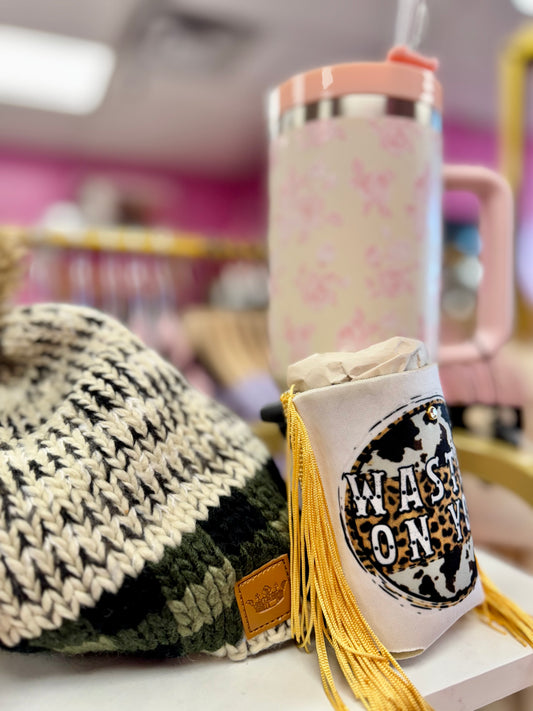 Wasted on you with gold fringe koozie