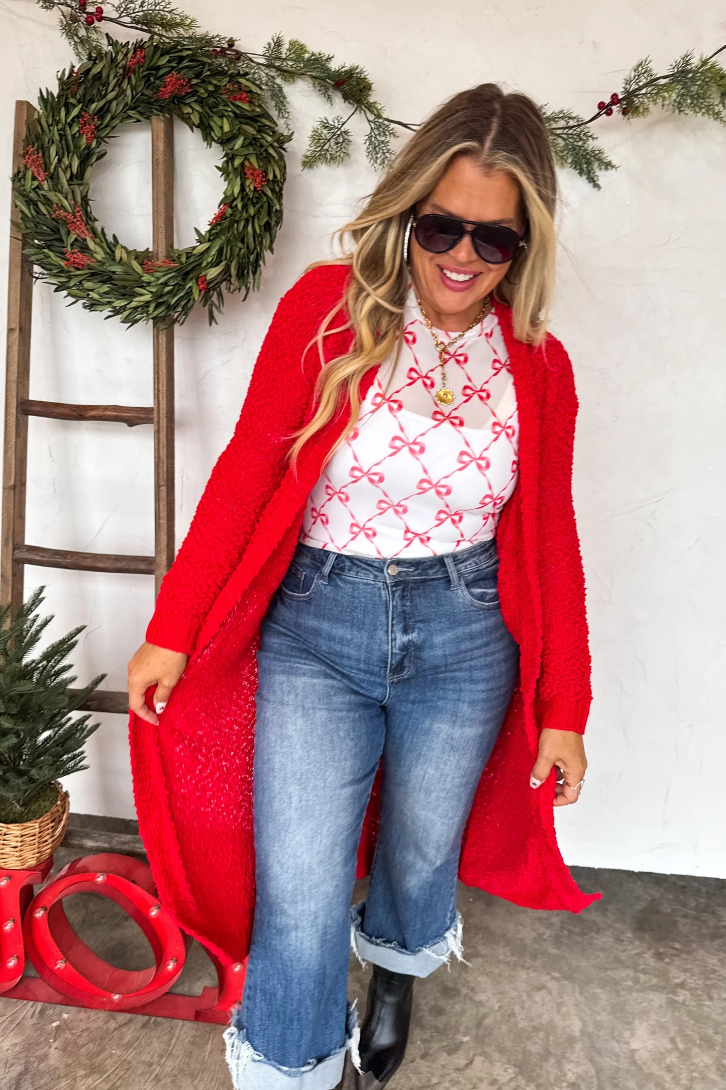 Candy Cane Bow Mesh Long Sleeve Top