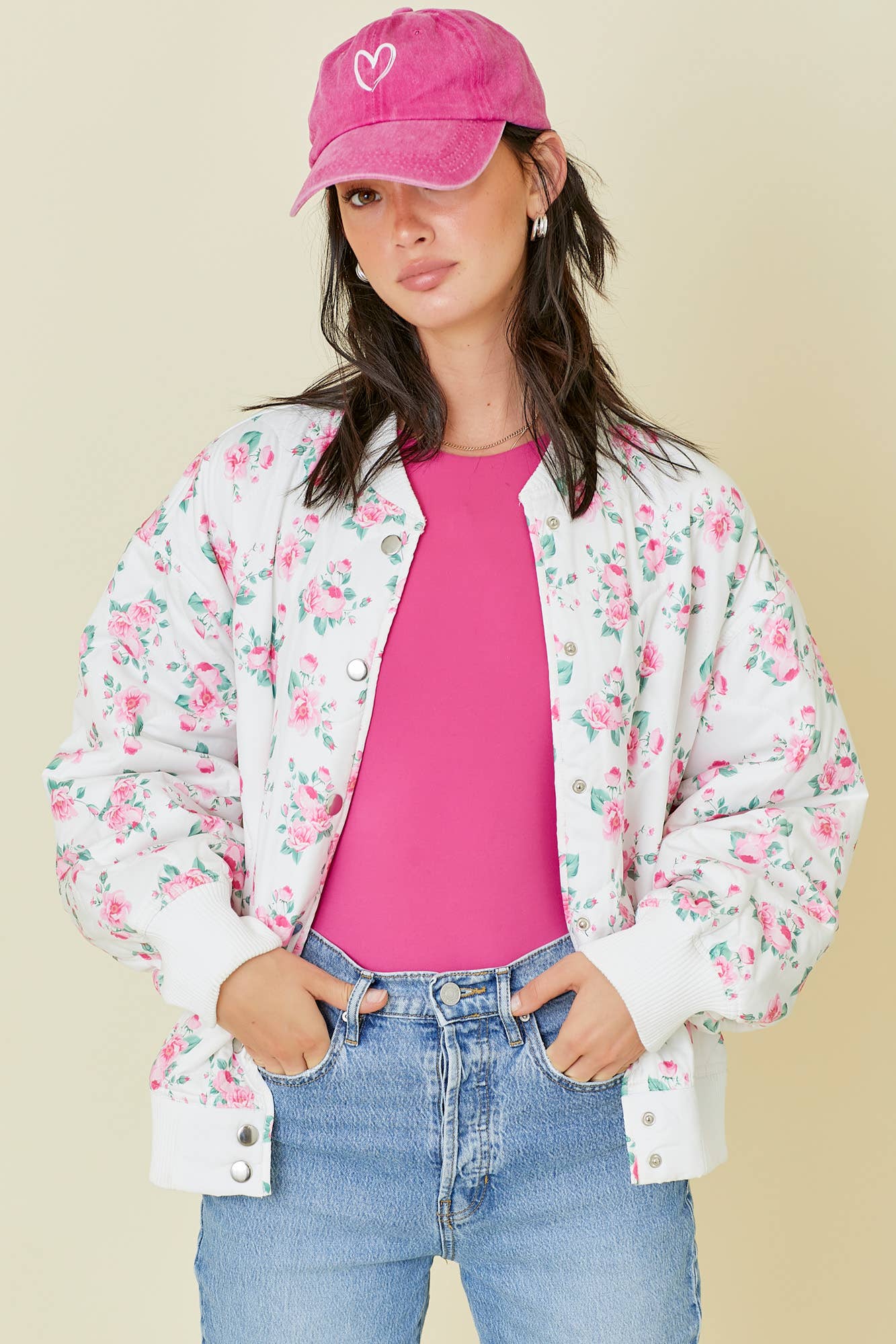 Floral Printed Oversized Quilted Bomber Jacket