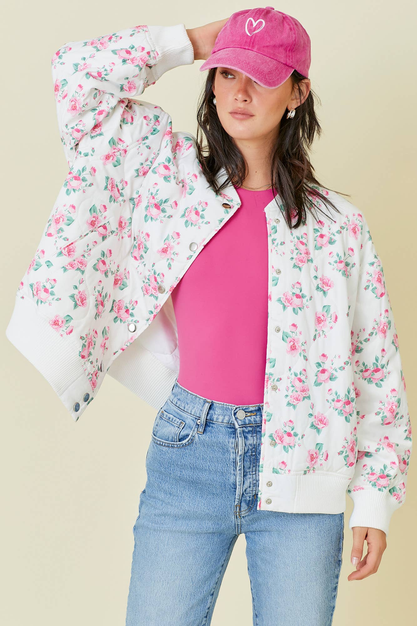 Floral Printed Oversized Quilted Bomber Jacket