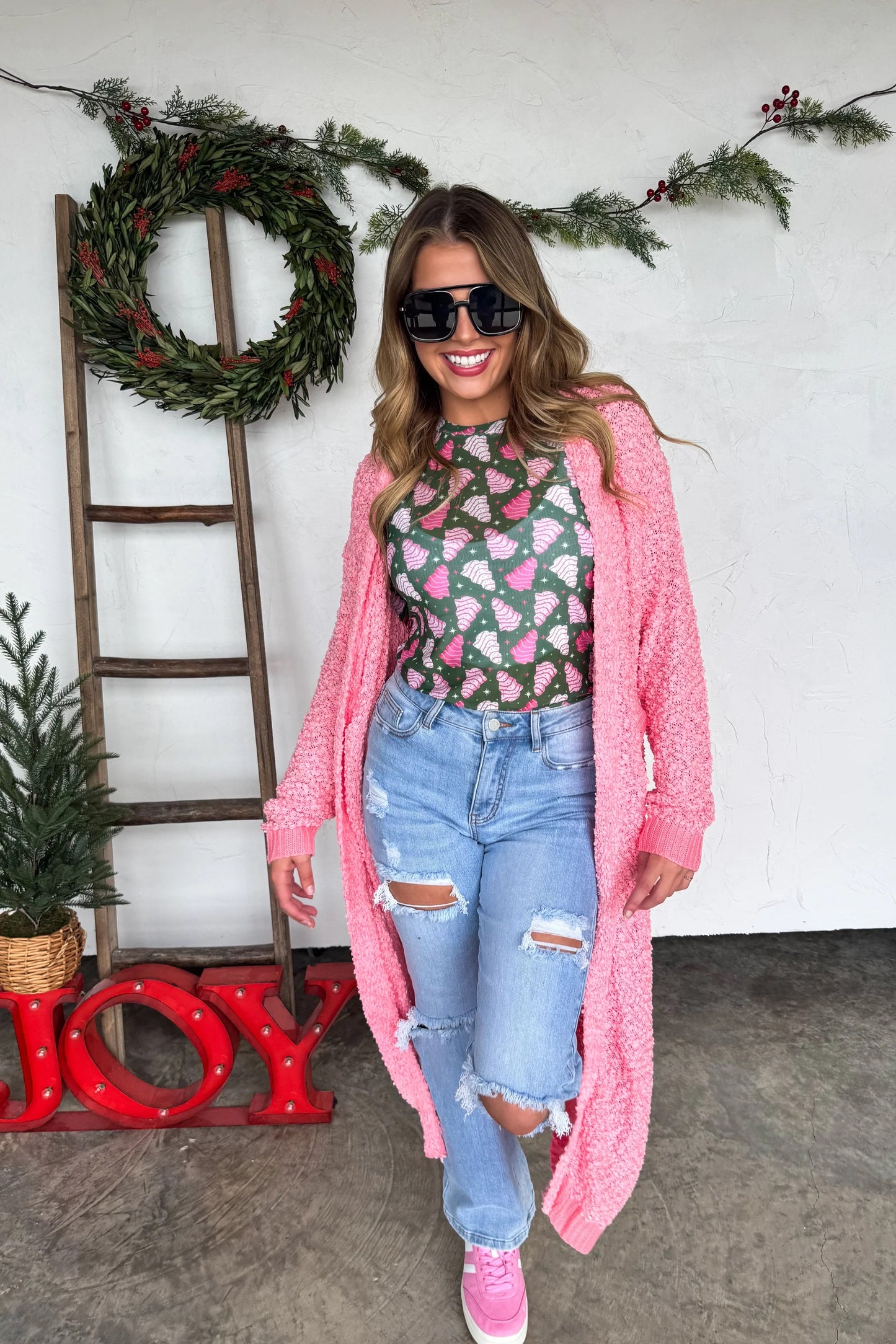 Pink Pines Holiday Mesh Long Sleeve Top