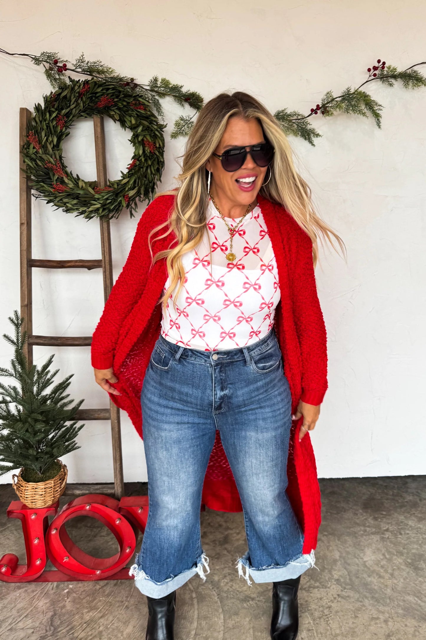 Candy Cane Bow Mesh Long Sleeve Top