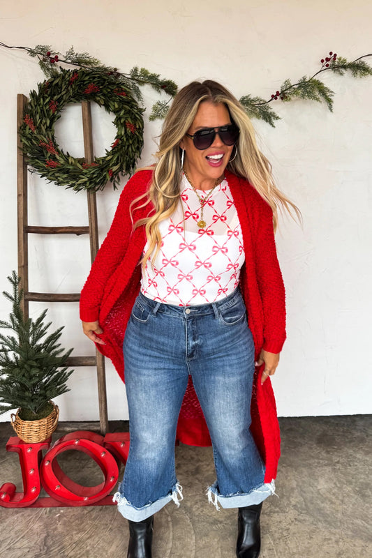 Candy Cane Bow Mesh Long Sleeve Top
