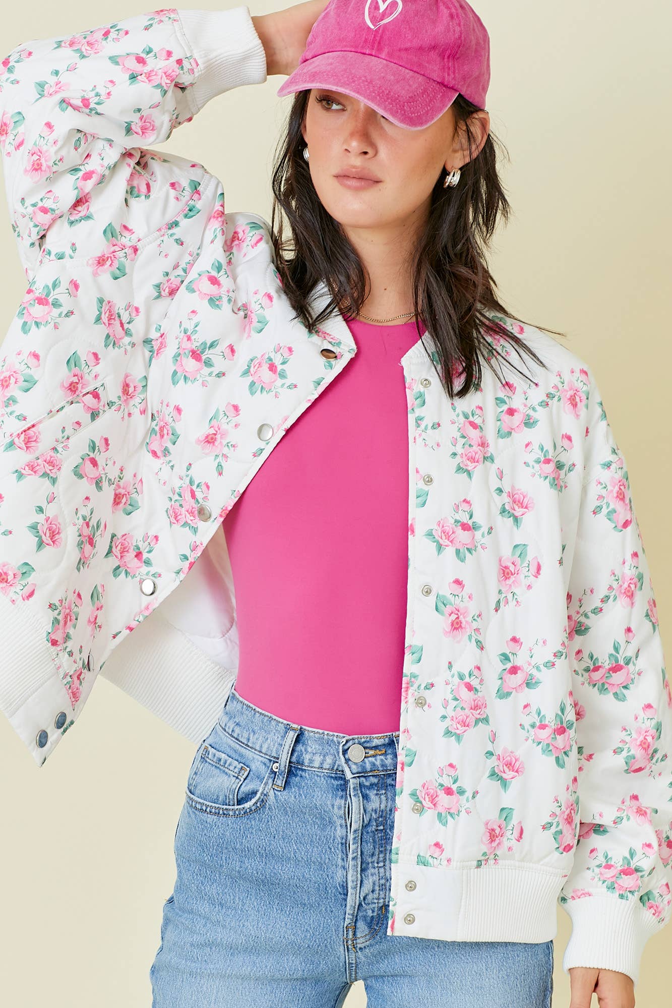 Floral Printed Oversized Quilted Bomber Jacket