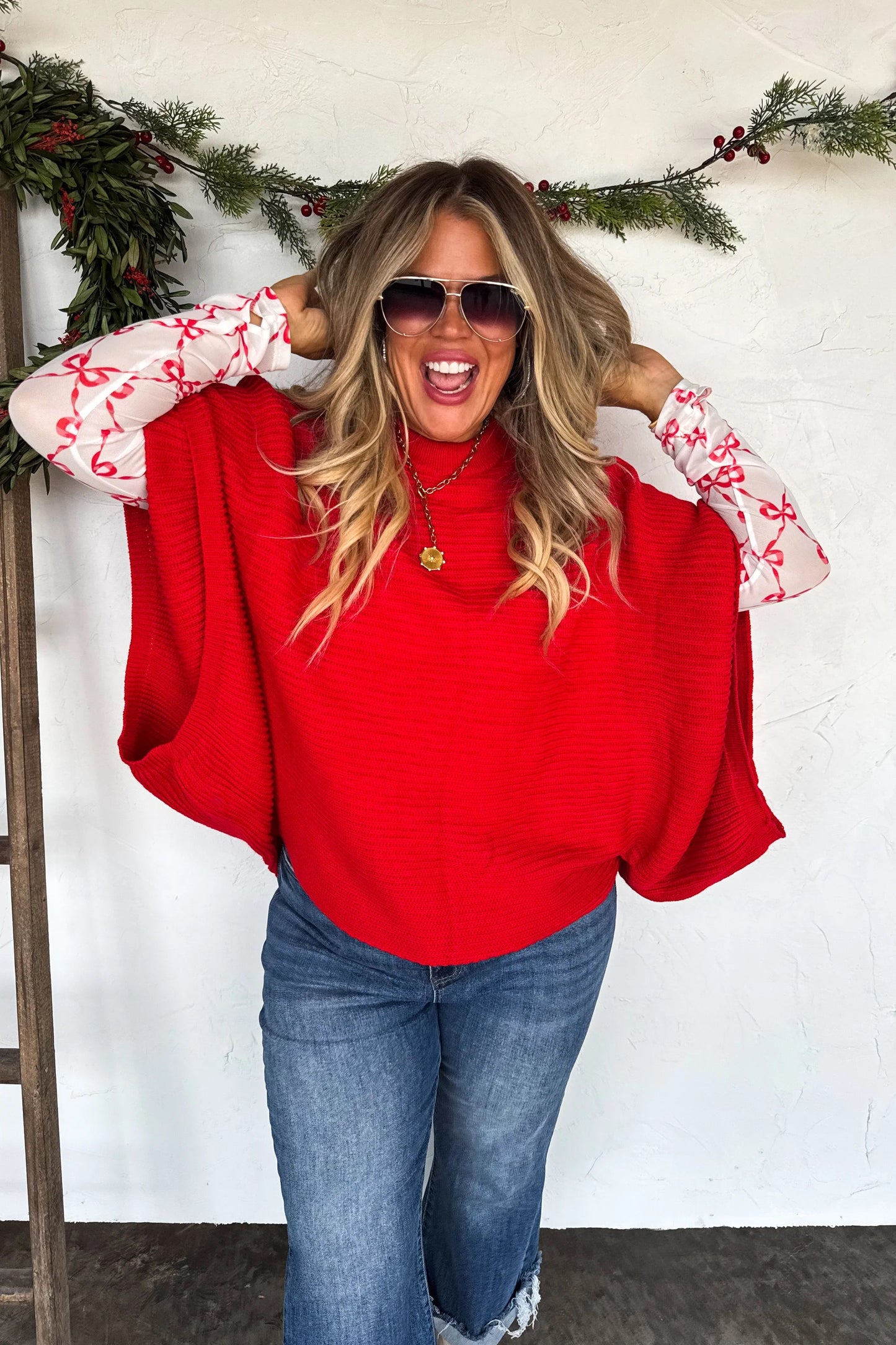 Meg Pullover Poncho Red