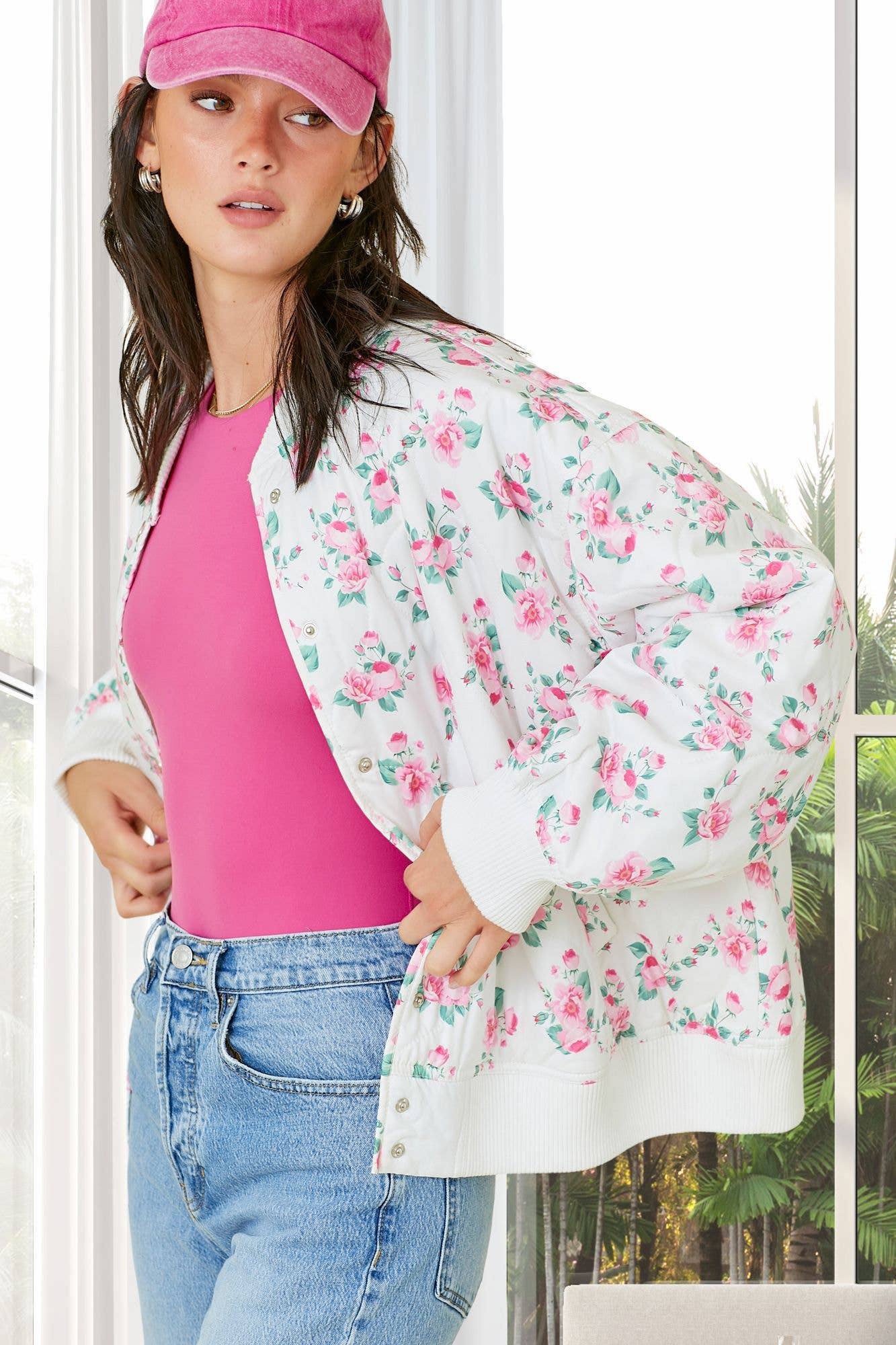 Floral Printed Oversized Quilted Bomber Jacket