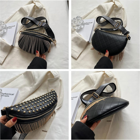 Studded Gold Fringe Fanny Crossbody Bag