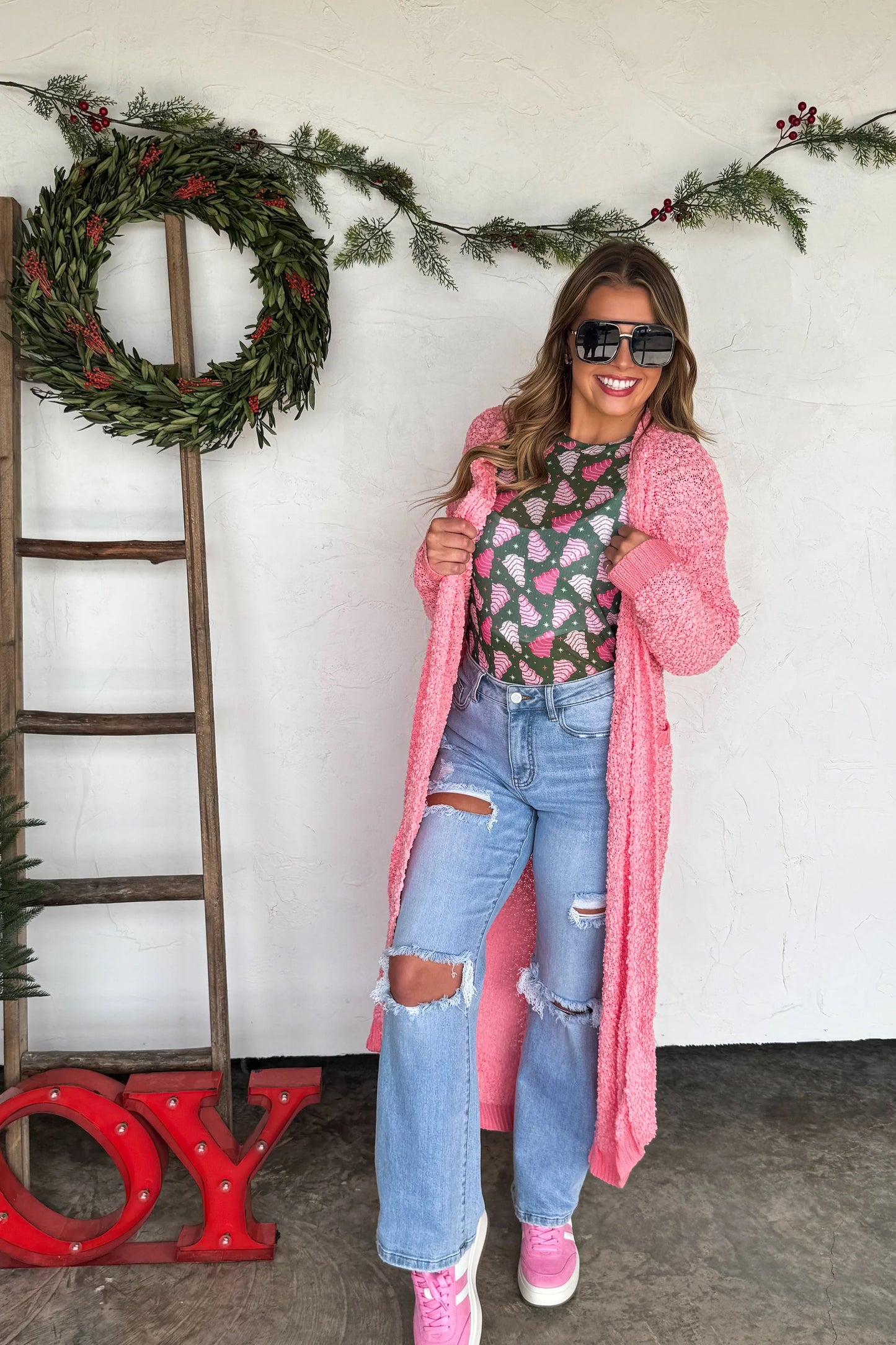 Pink Pines Holiday Mesh Long Sleeve Top