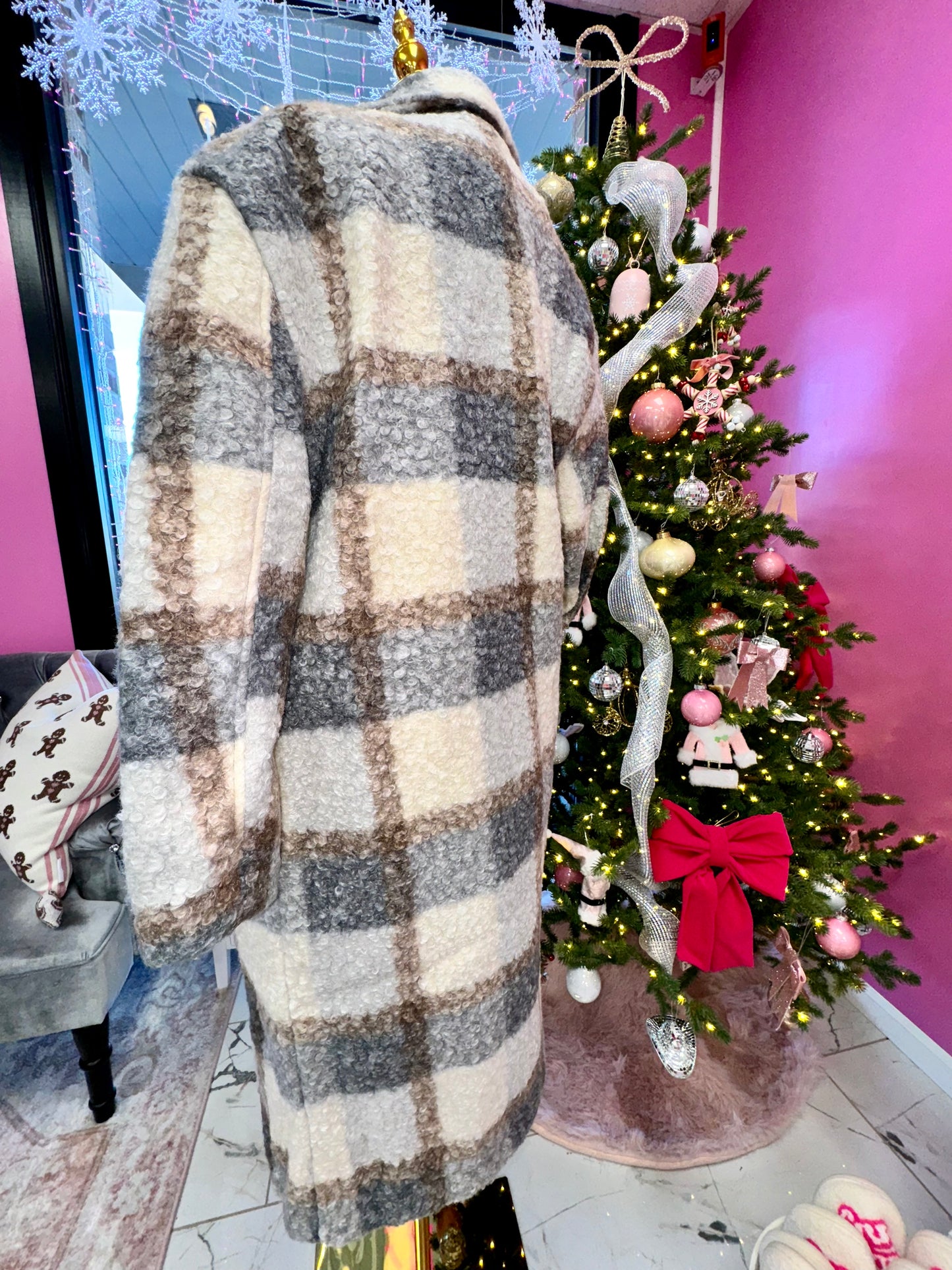 Oversized Plaid Fuzzy Long Coat