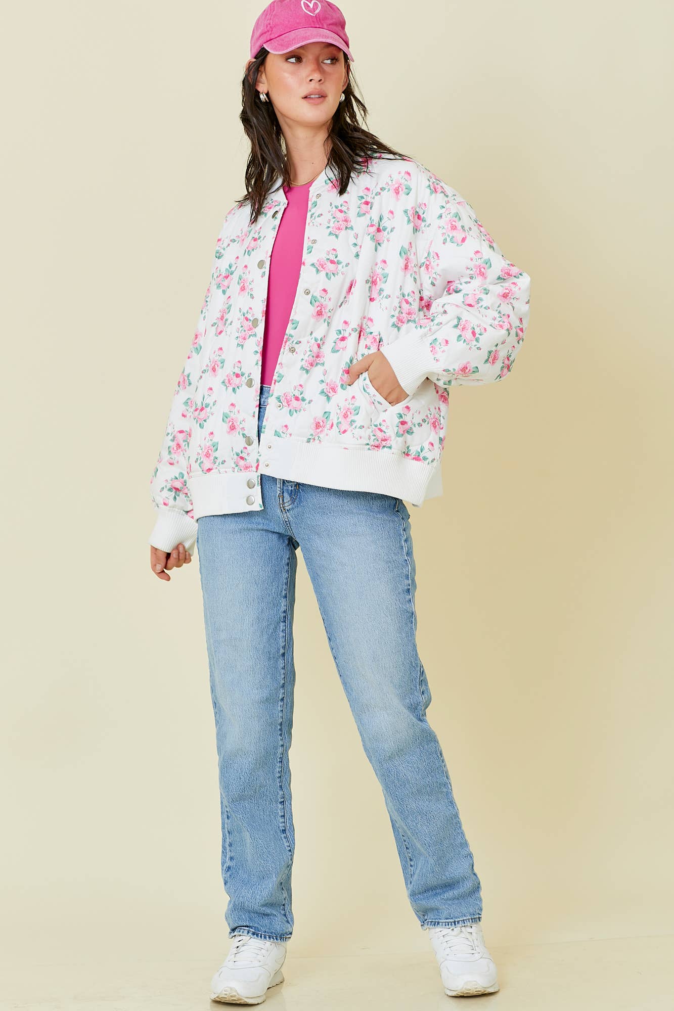 Floral Printed Oversized Quilted Bomber Jacket