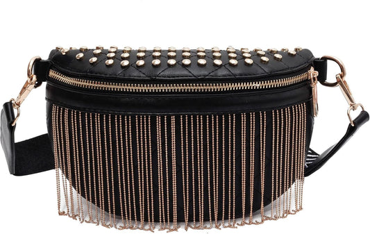 Studded Gold Fringe Fanny Crossbody Bag