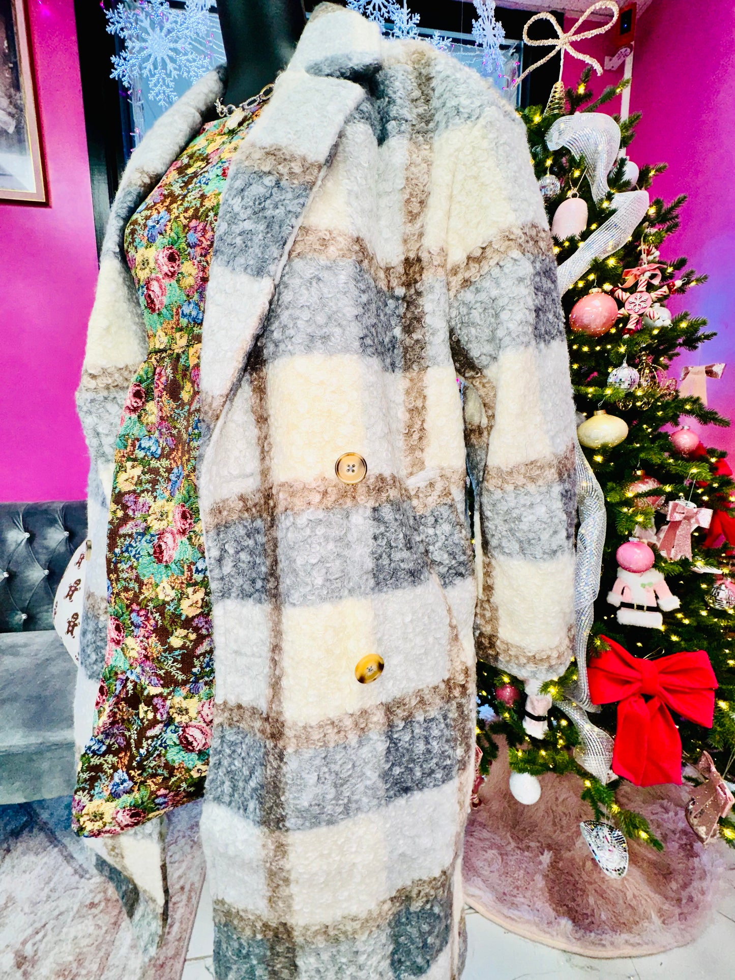 Oversized Plaid Fuzzy Long Coat