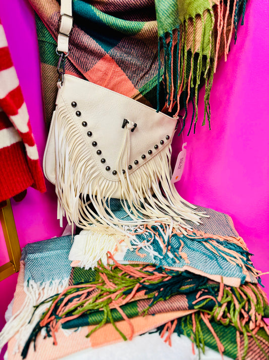 White Leather Hobo Fringe Crossbody Tassel Purse