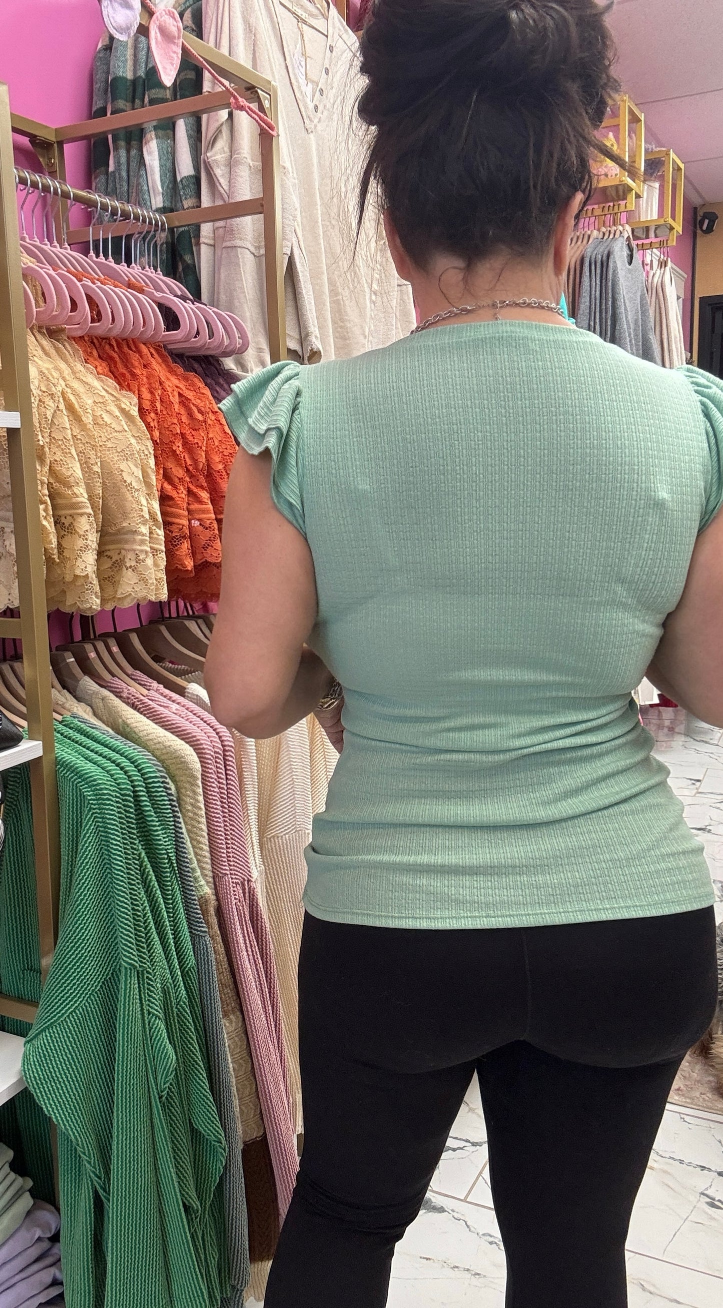 Mint Textured Ruffle Top